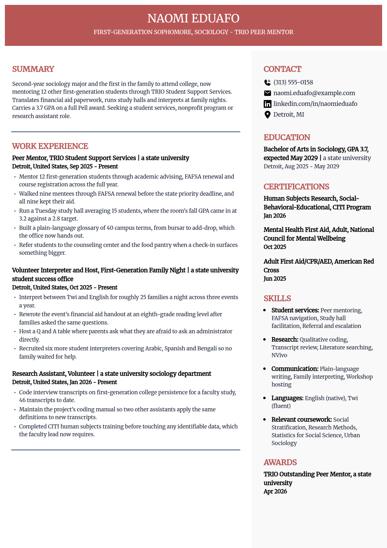 First-generation college student resume example in the Executive template
