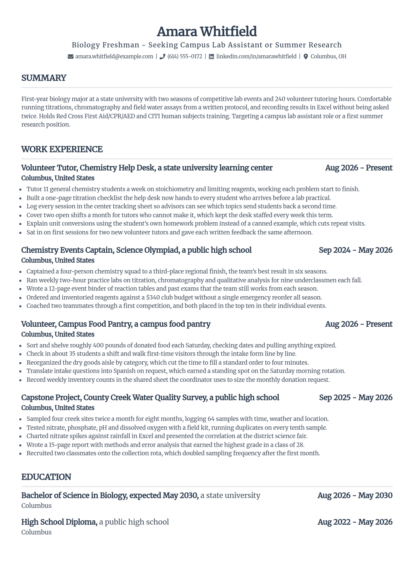 Freshman with no work history resume example in the Standard template