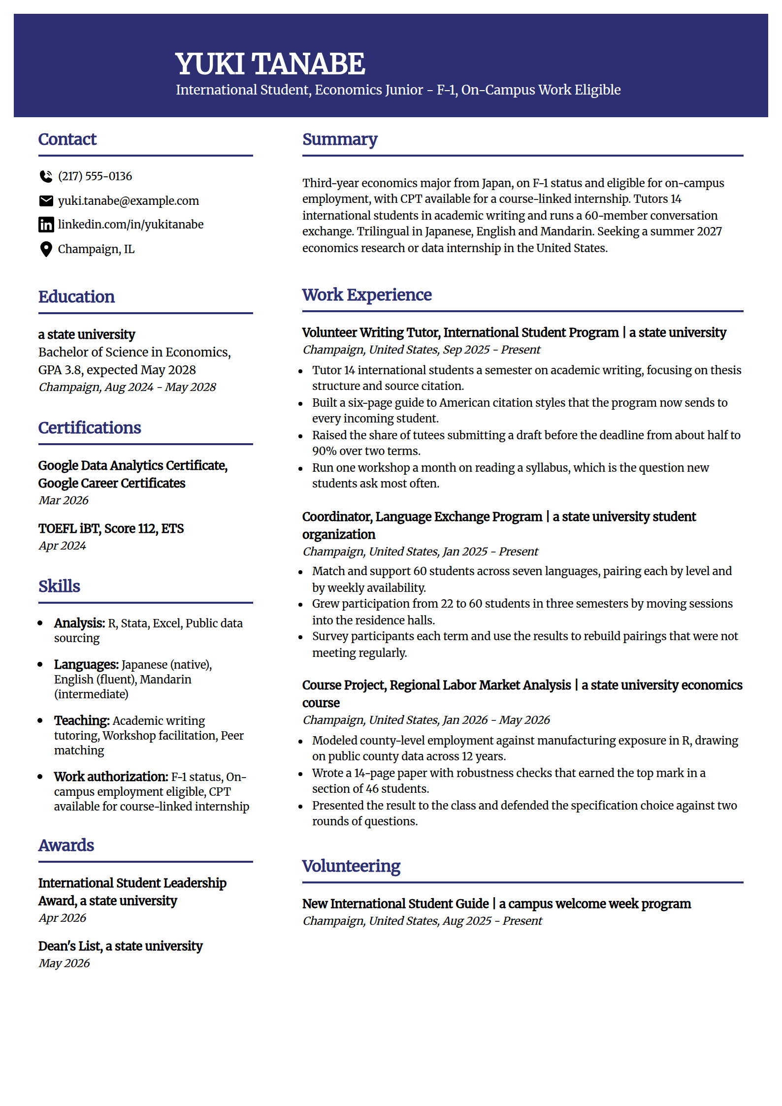 International student resume example in the Visionary template