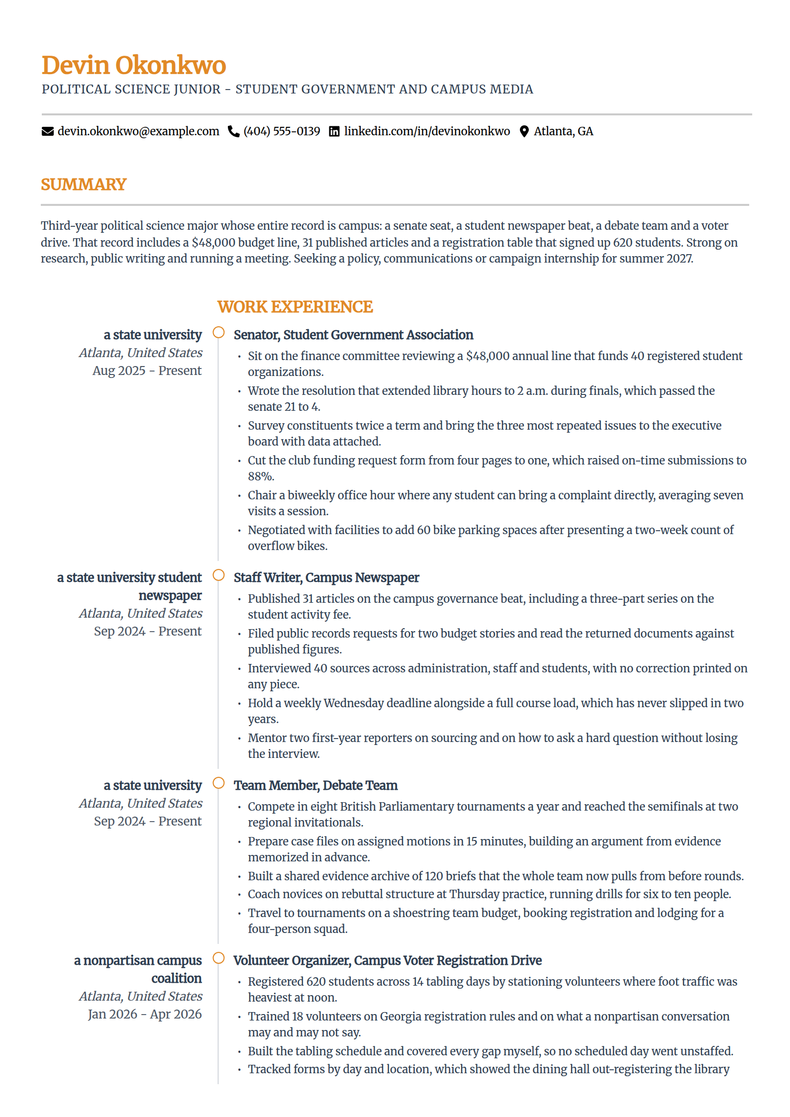 Junior with campus activities only resume example in the Zenith template