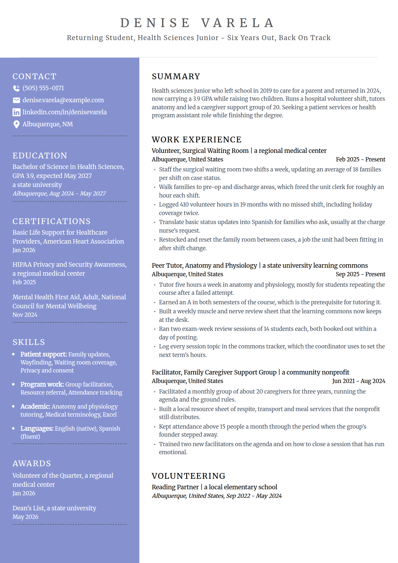 Student returning after a gap resume example in the Luminary template