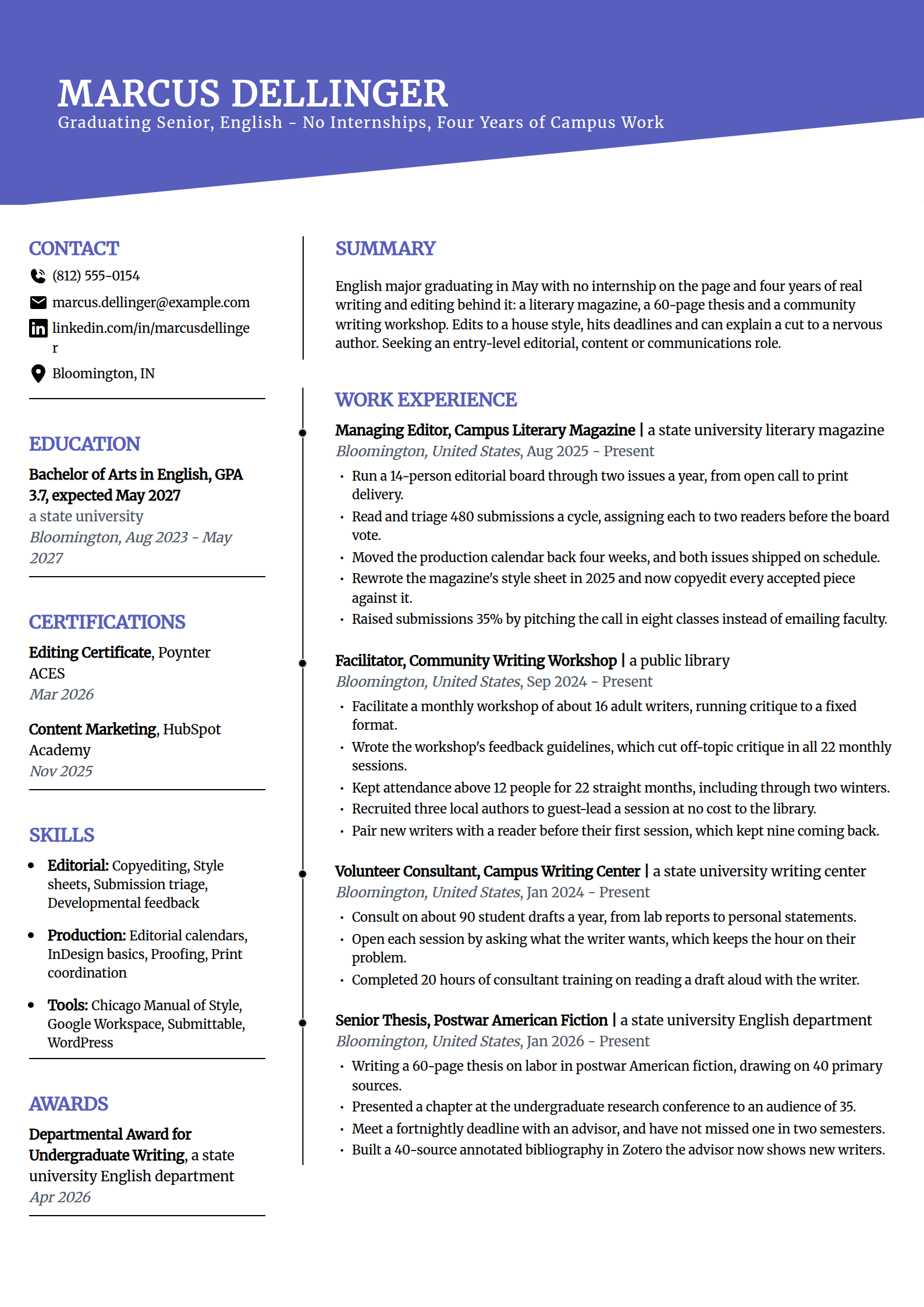 Graduating senior with no internships resume example in the Orbit template