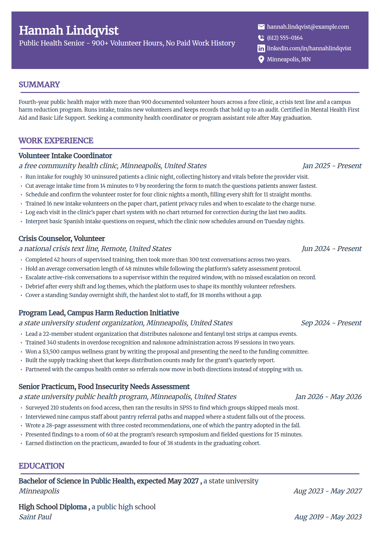 Senior with volunteer and club experience only resume example in the Panorama template
