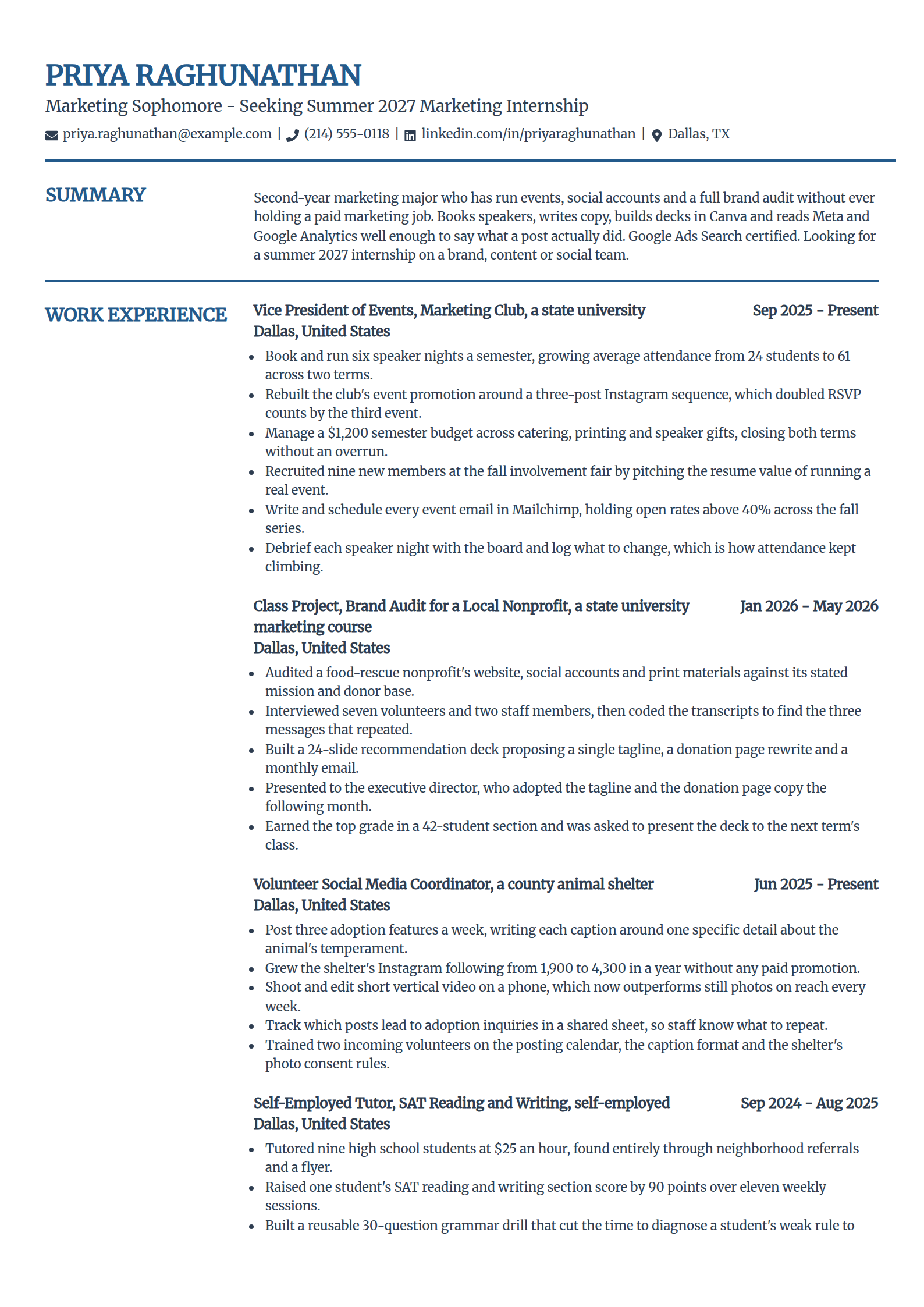 Sophomore seeking a first internship resume example in the Craft template