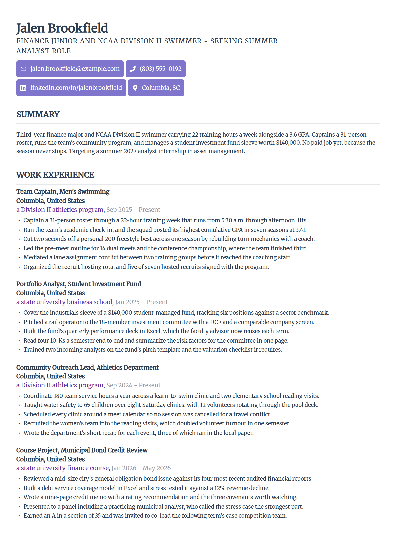 Student athlete with no paid work resume example in the Sleek Framework template