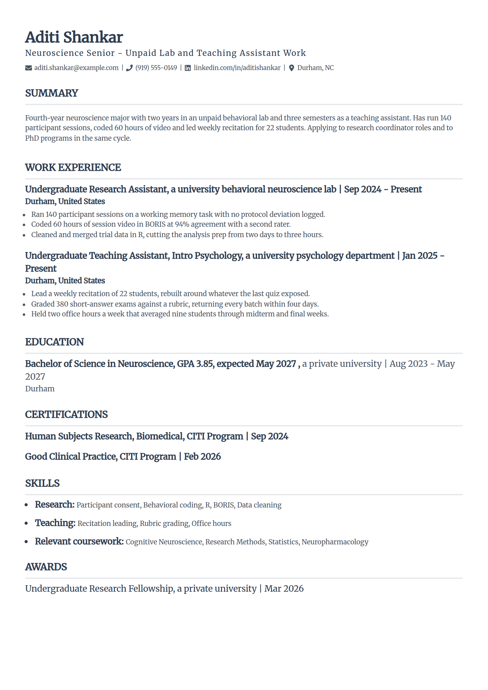 Unpaid research assistant and teaching assistant resume example in the Classic template