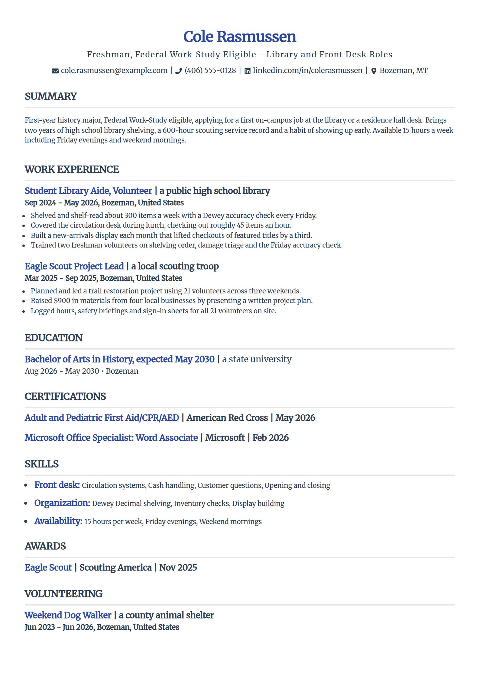 First on-campus work-study job resume example in the Simple template