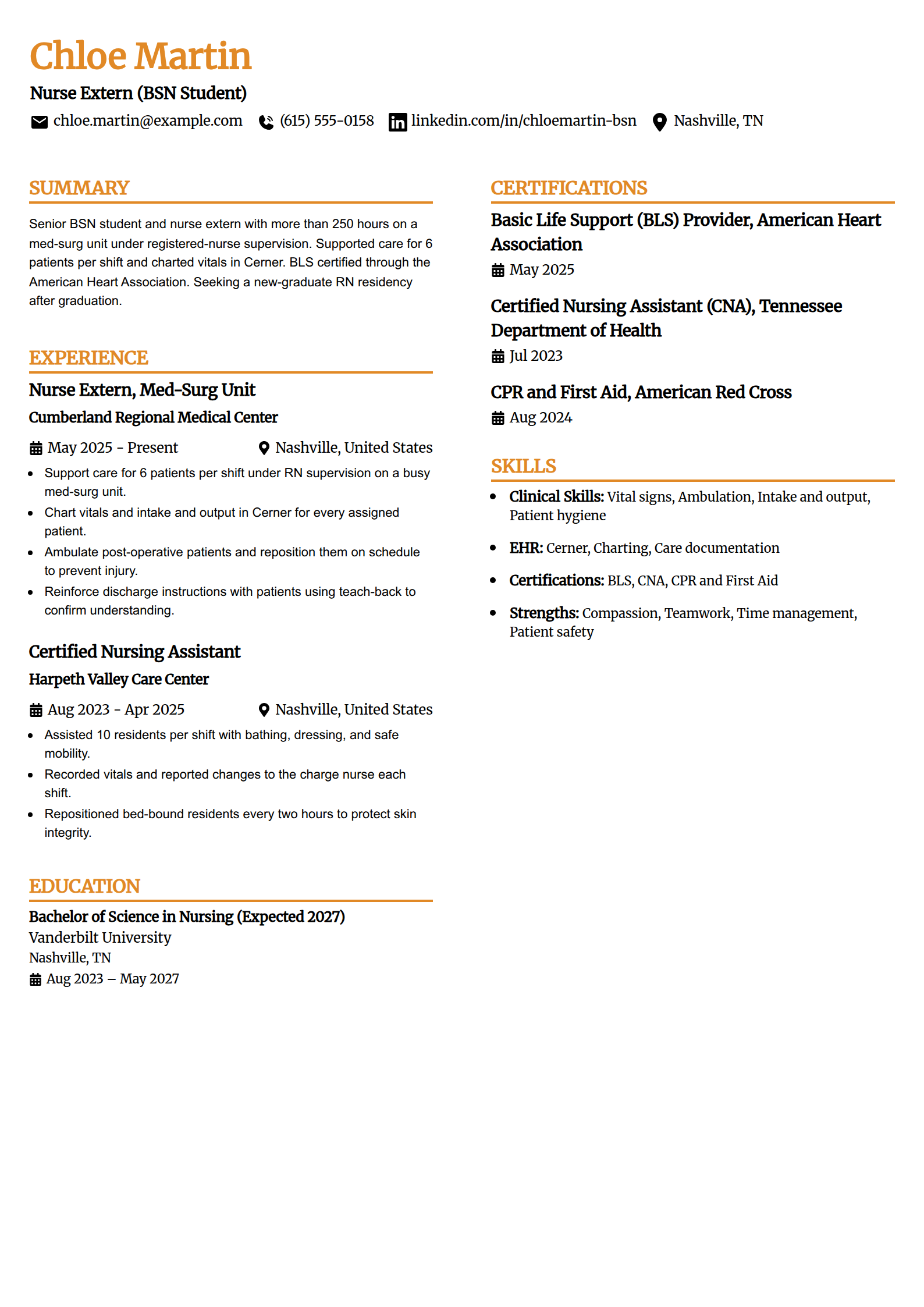 Nursing internship and externship student resume example in the Professional Edge template