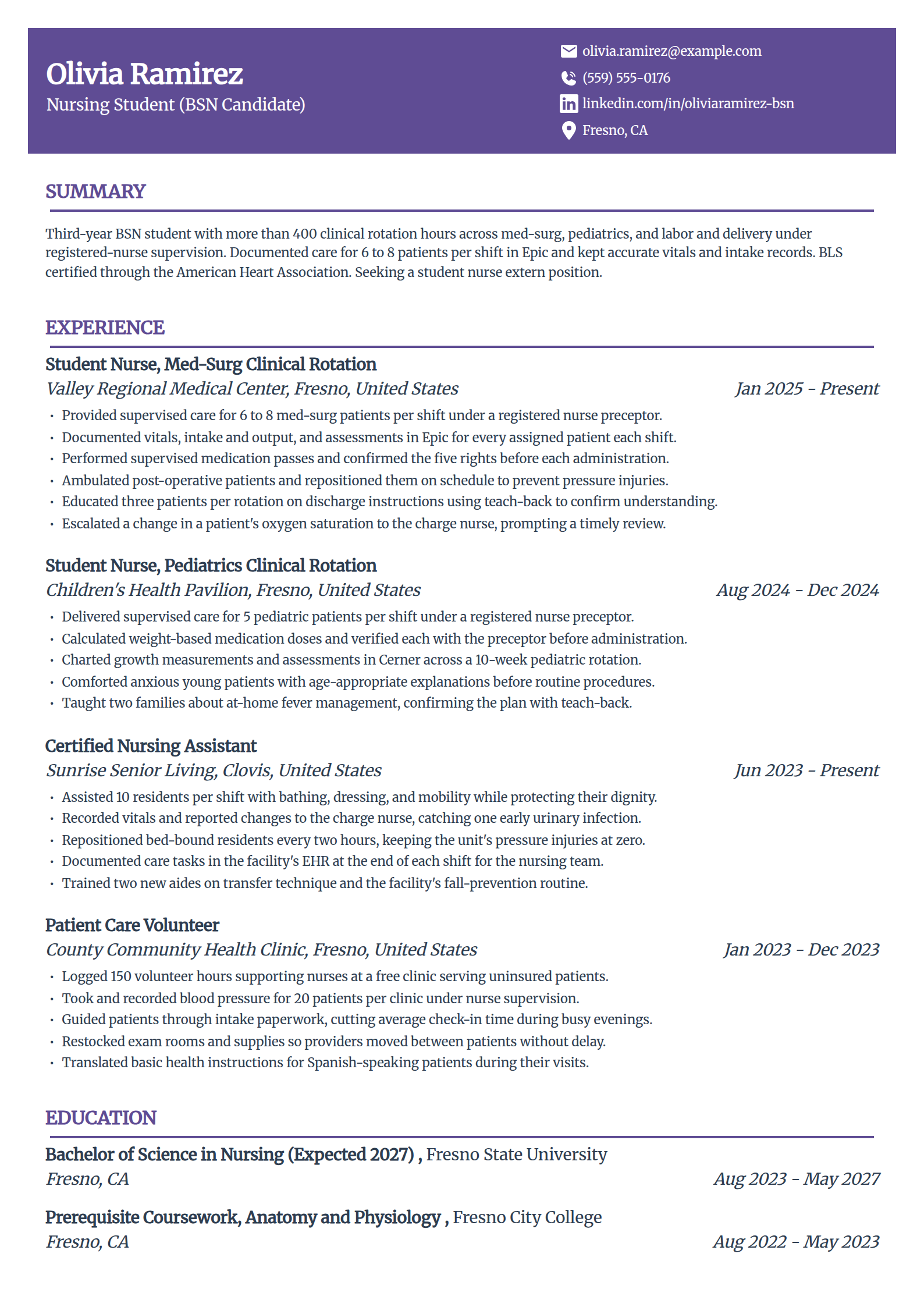 Nursing student resume example with clinical experience in the Panorama template