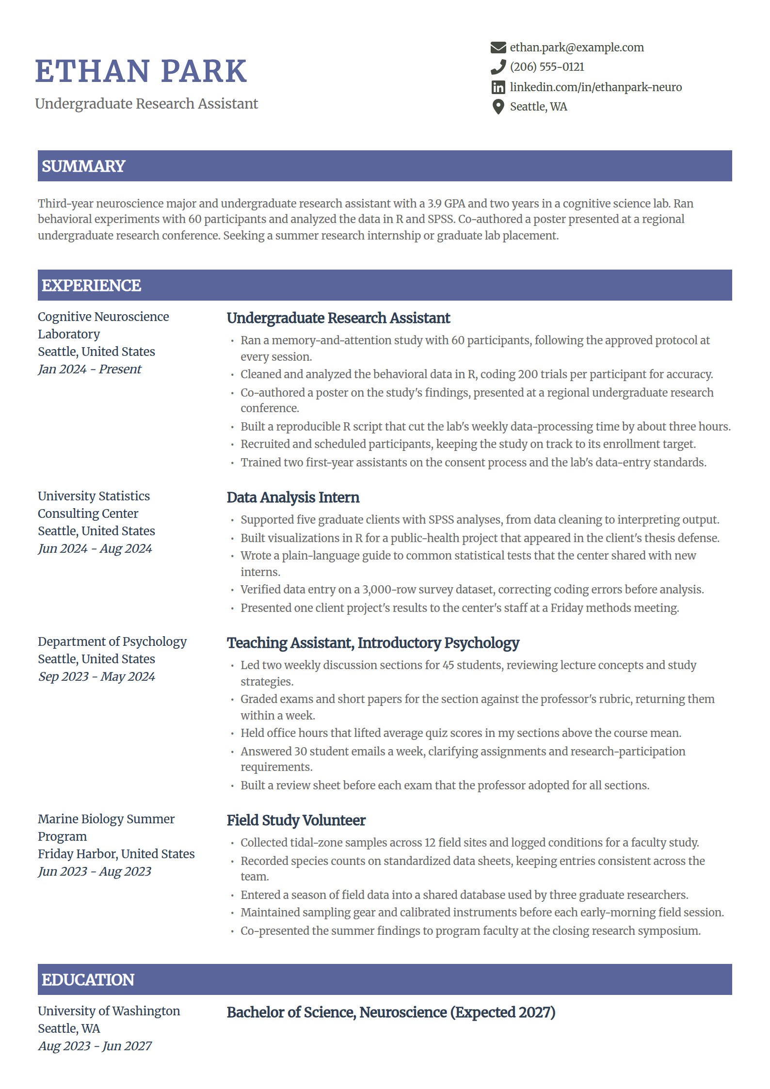 Undergraduate research assistant resume example in the Catalyst template