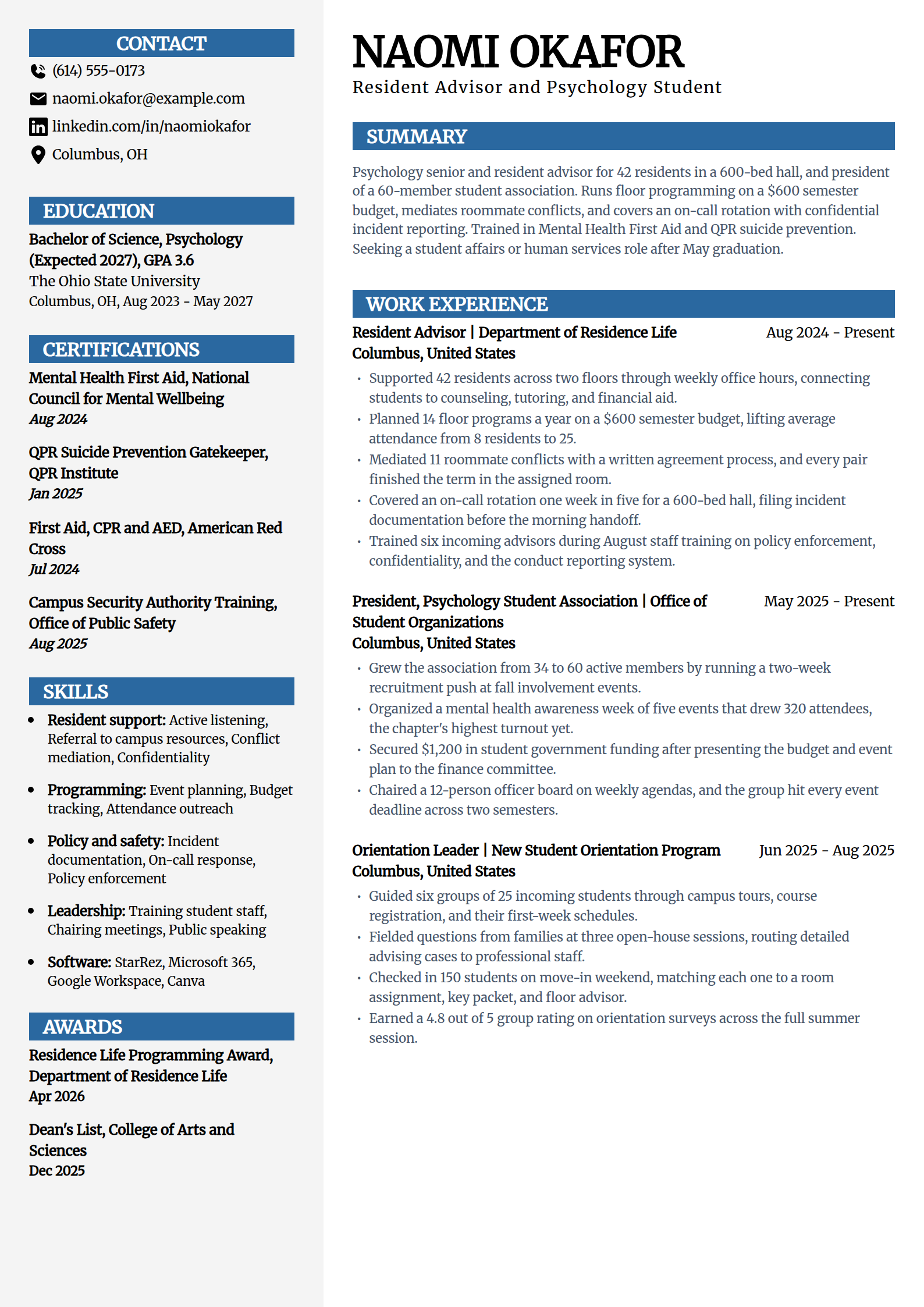 Resident advisor and campus leadership college resume example in the Mosaic template