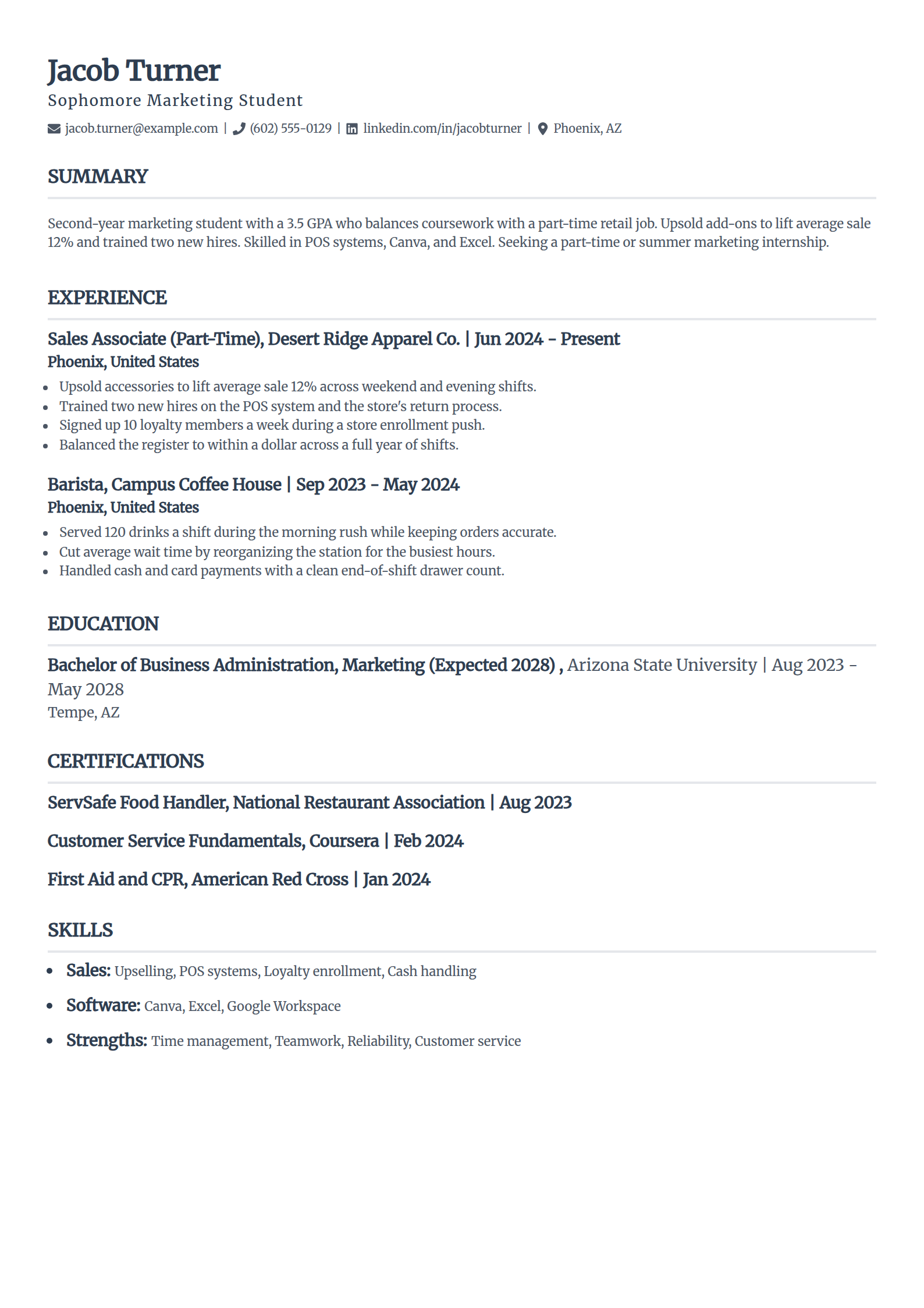 Sophomore with part-time job resume example in the Classic template