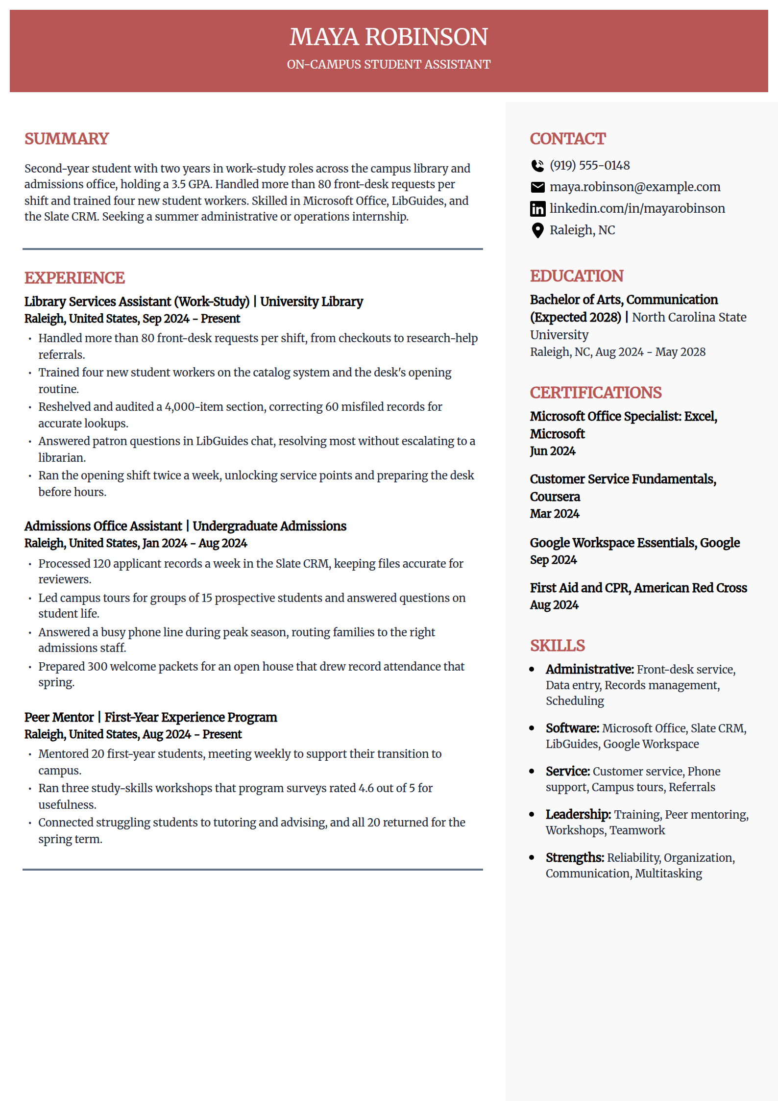Work-study on-campus job resume example in the Executive template