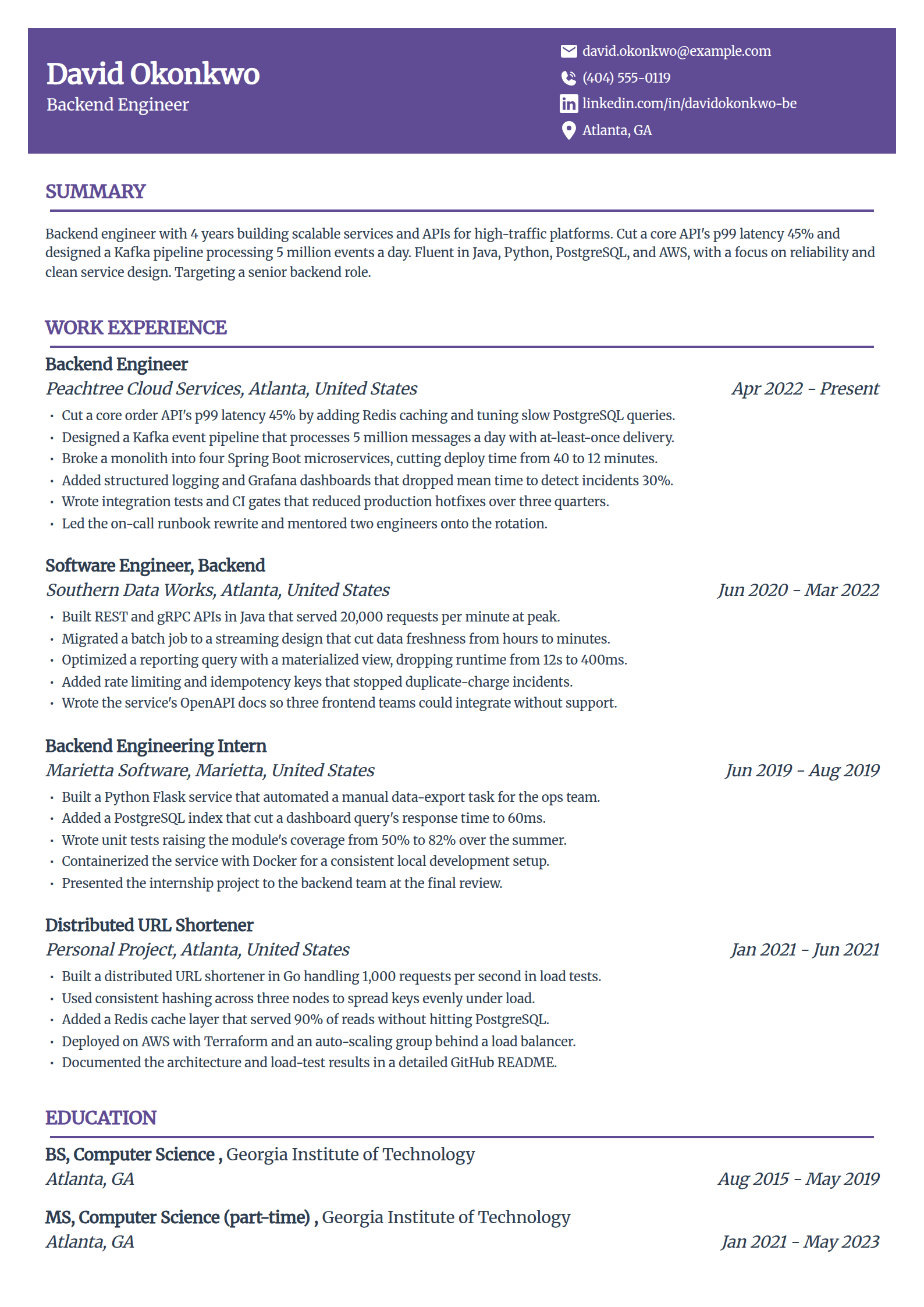 Back-end developer resume example in the Panorama template