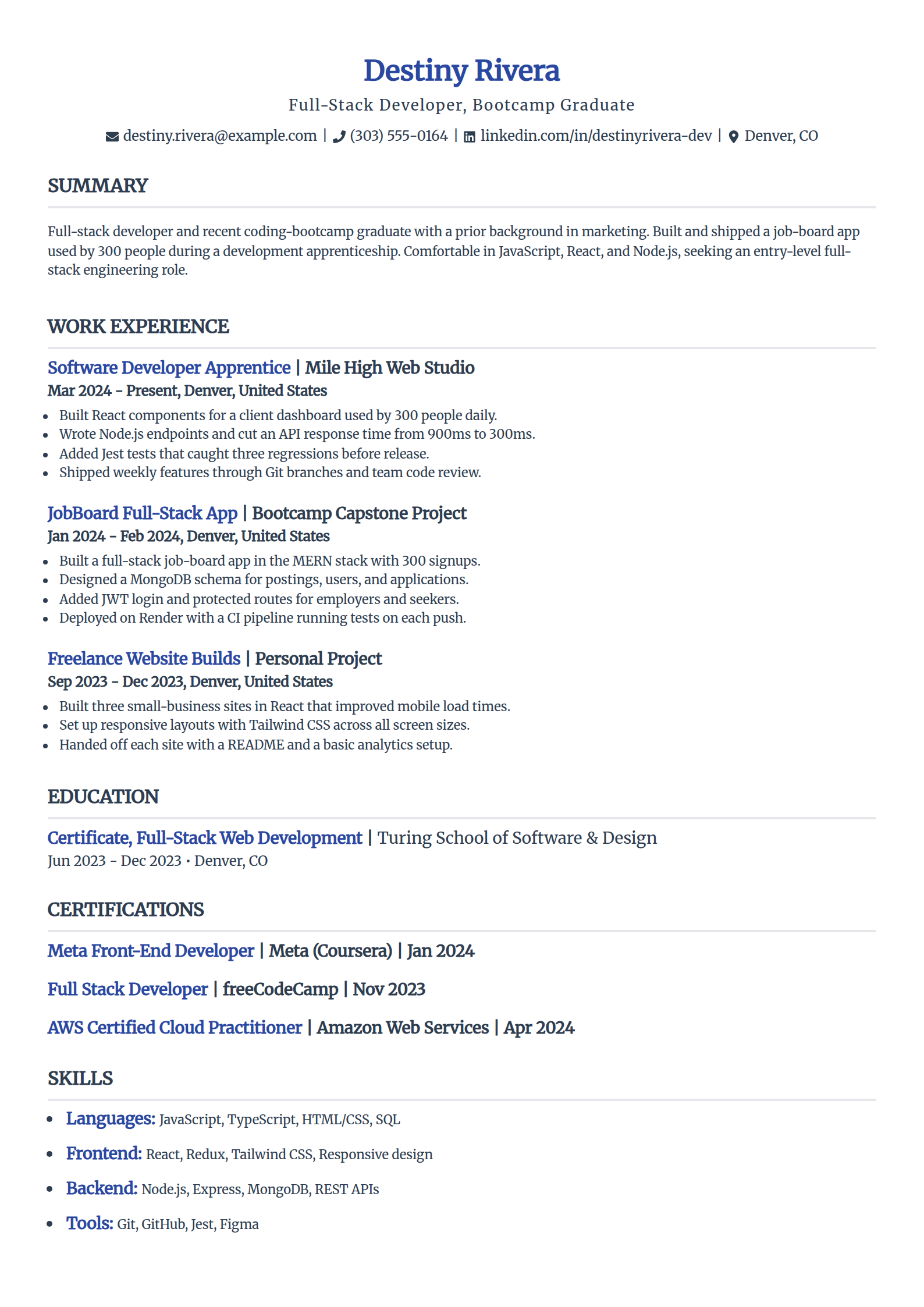 Coding bootcamp graduate resume example in the Simple template