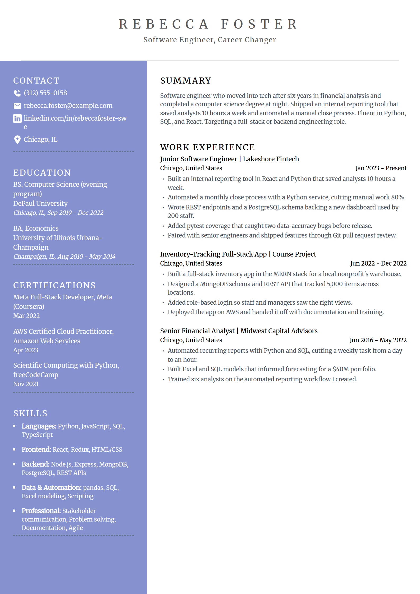 Career-changer software engineer resume example in the Luminary template