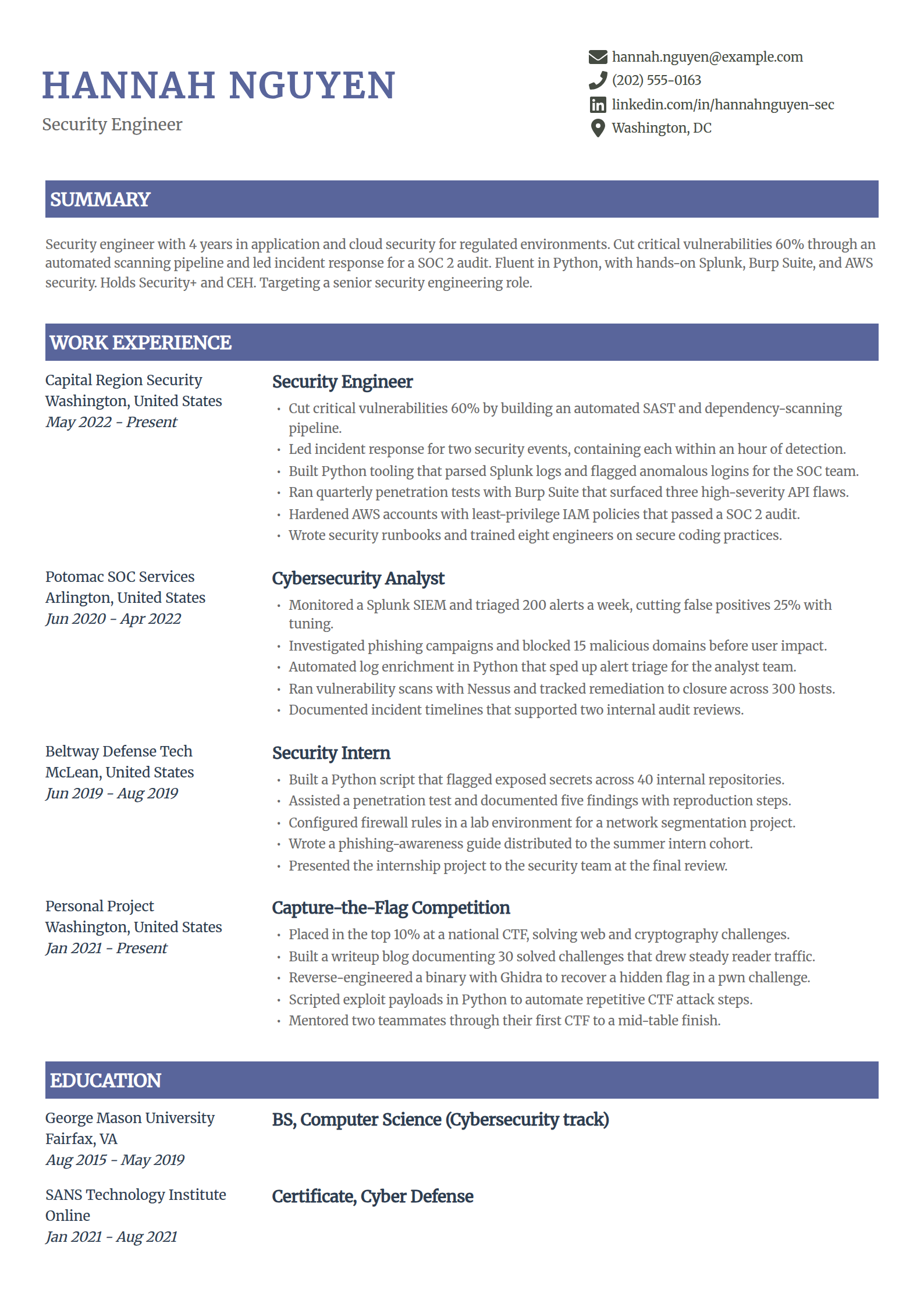 Cybersecurity engineer resume example in the Catalyst template
