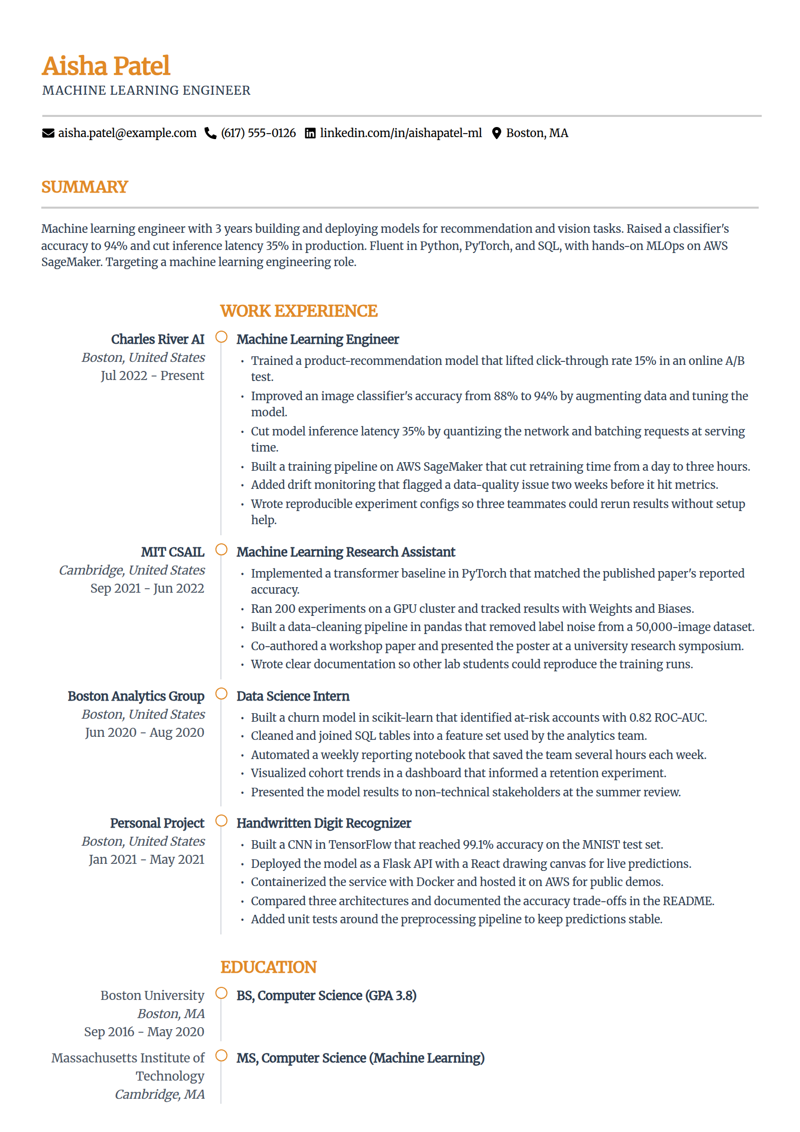 Machine learning engineer resume example in the Zenith template