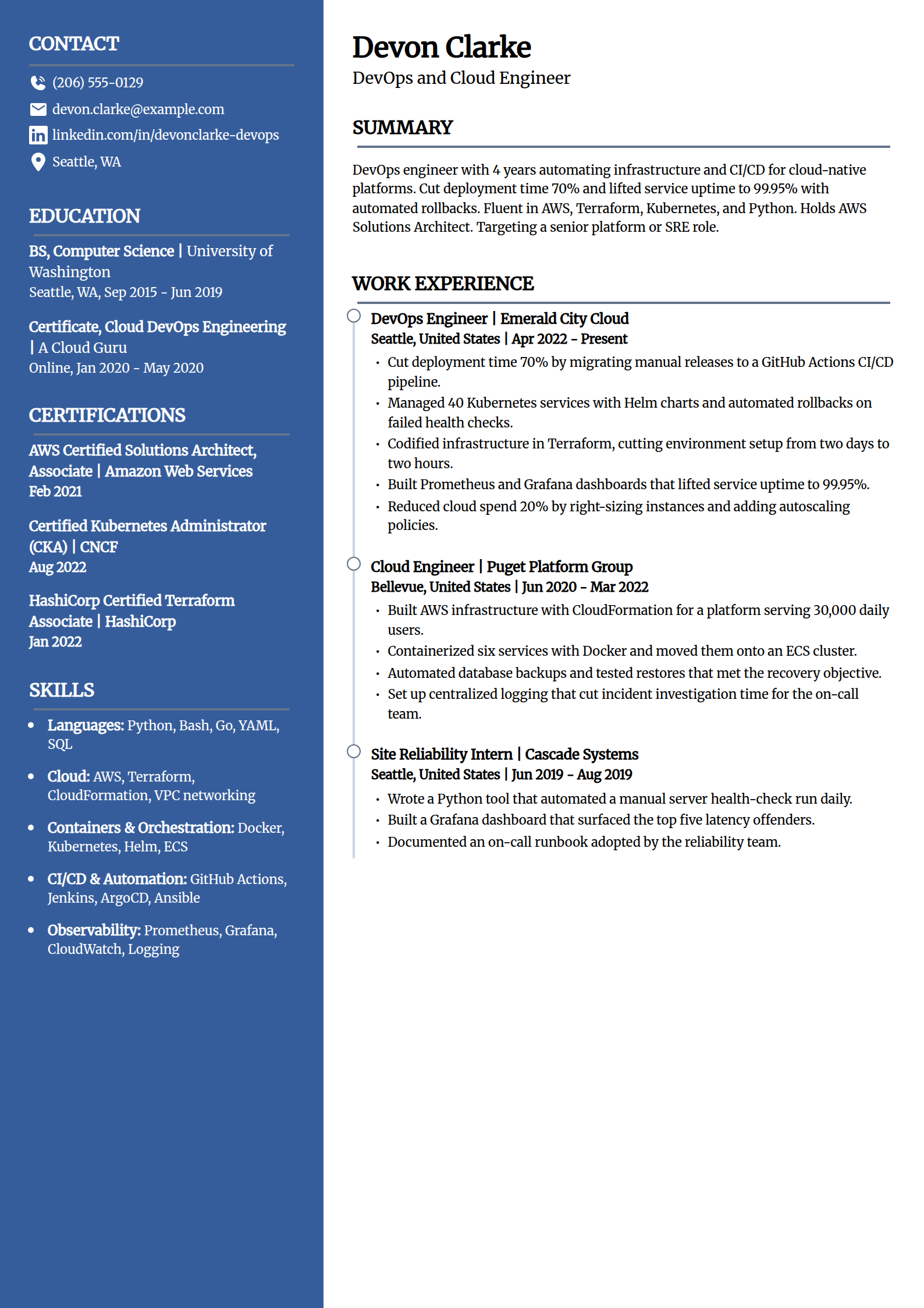 DevOps and cloud engineer resume example in the Creative template