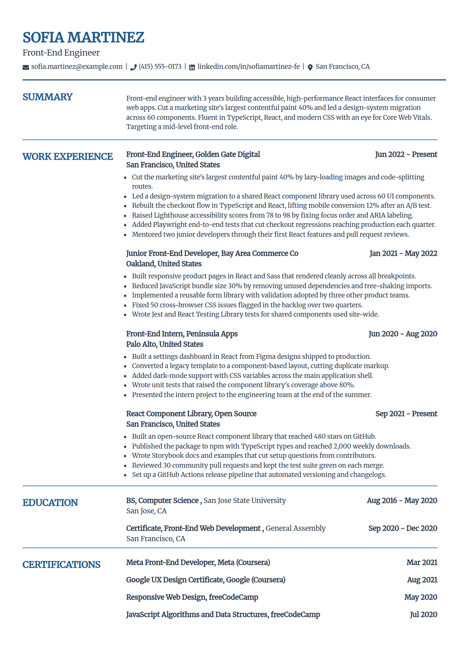Front-end developer resume example in the Craft template