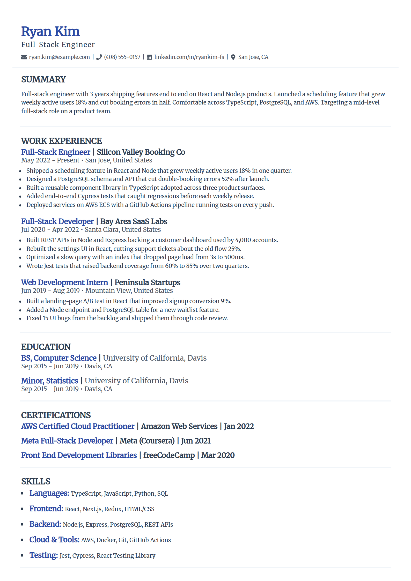 Full-stack developer resume example in the Elegant template