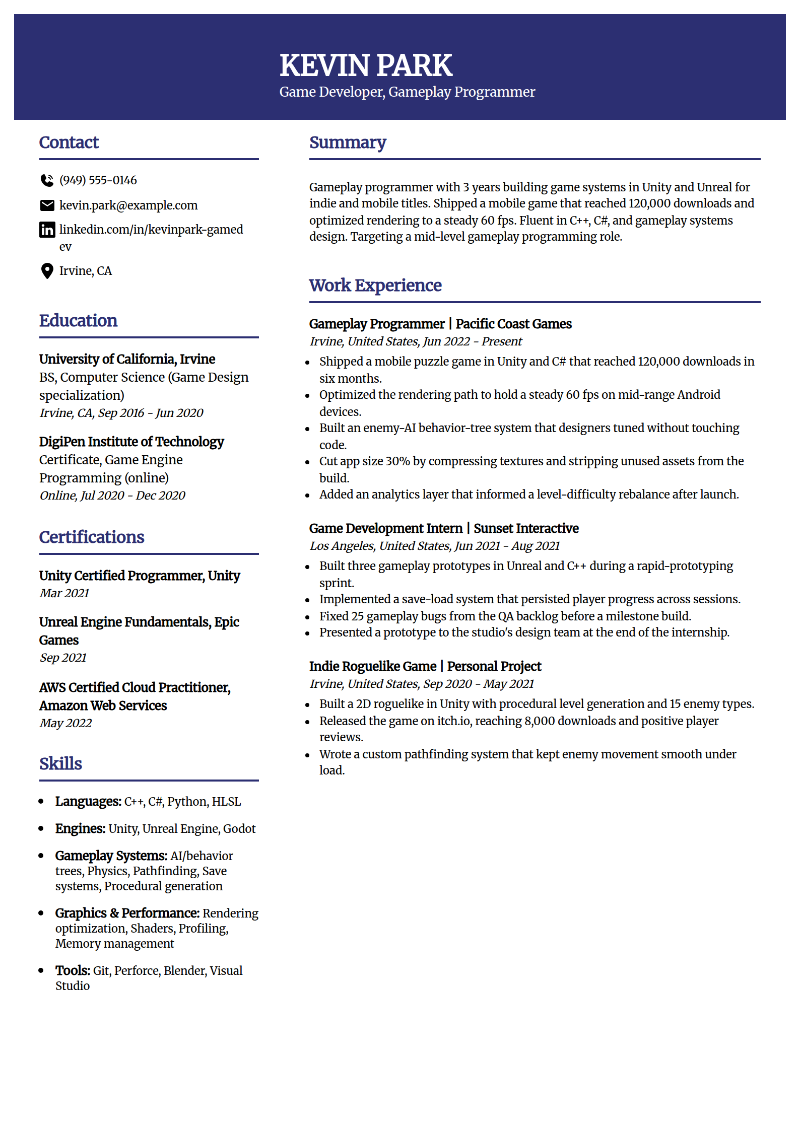 Game developer resume example in the Visionary template