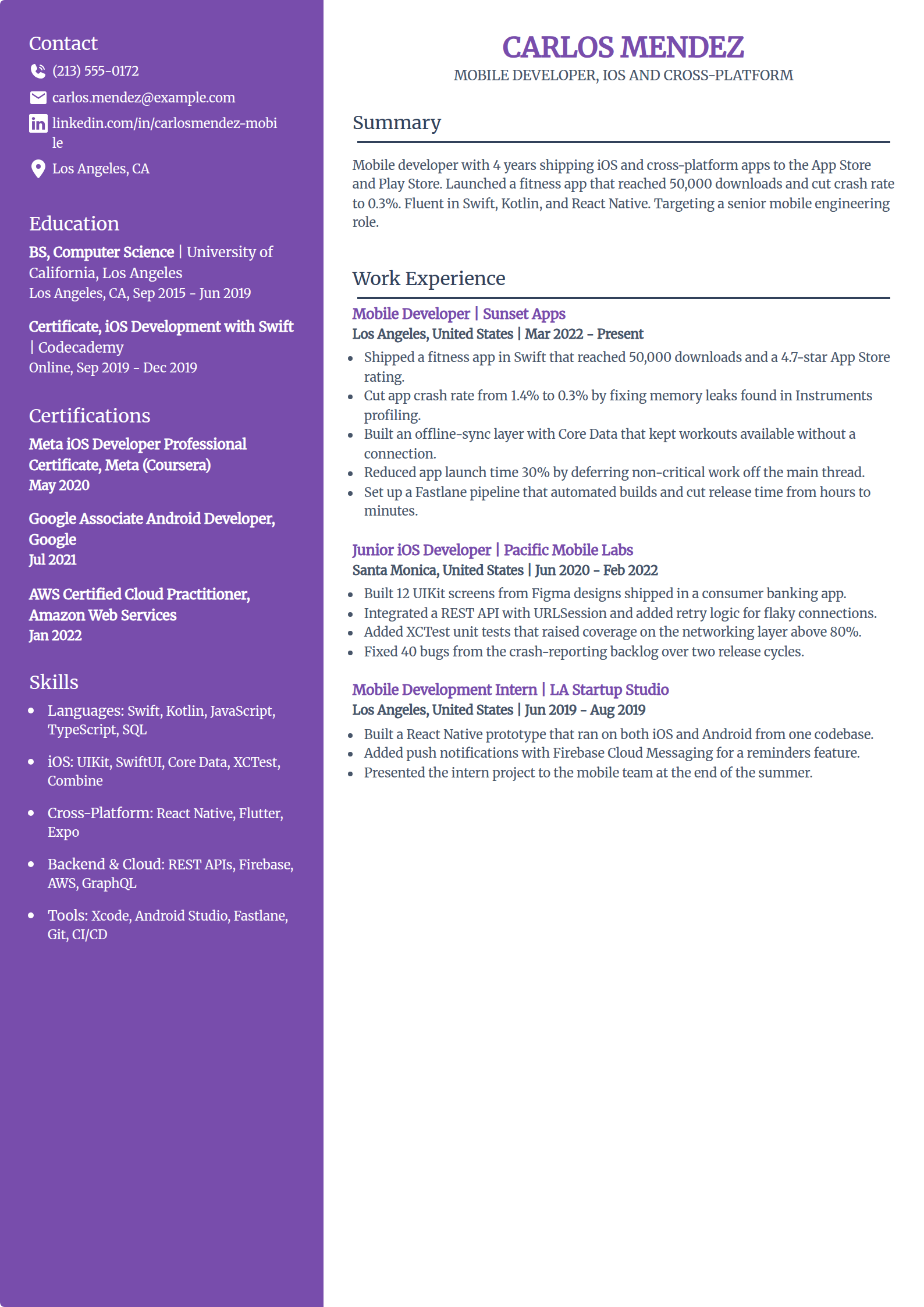Mobile developer resume example in the Pioneer template