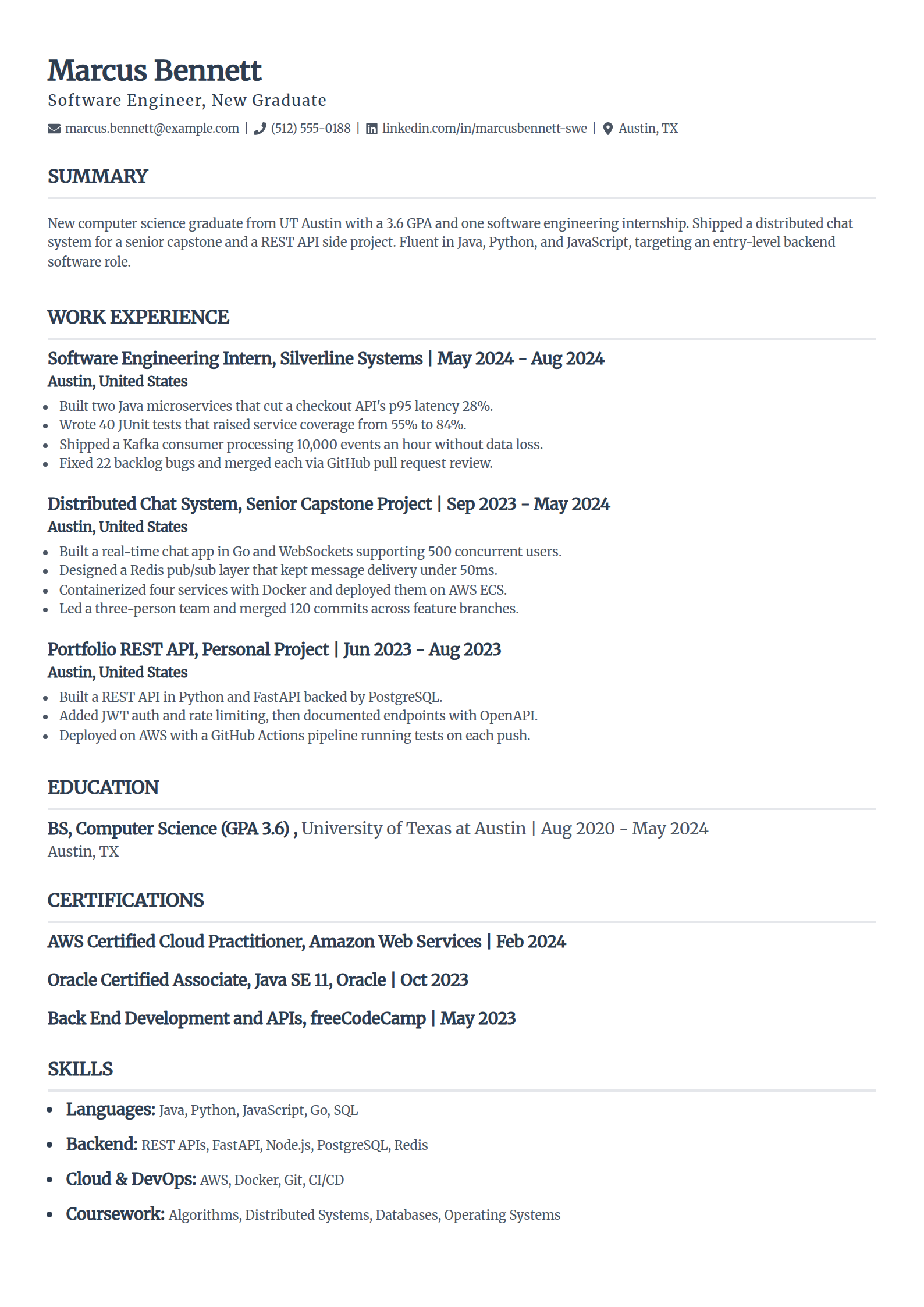 New grad software engineer resume example in the Classic template