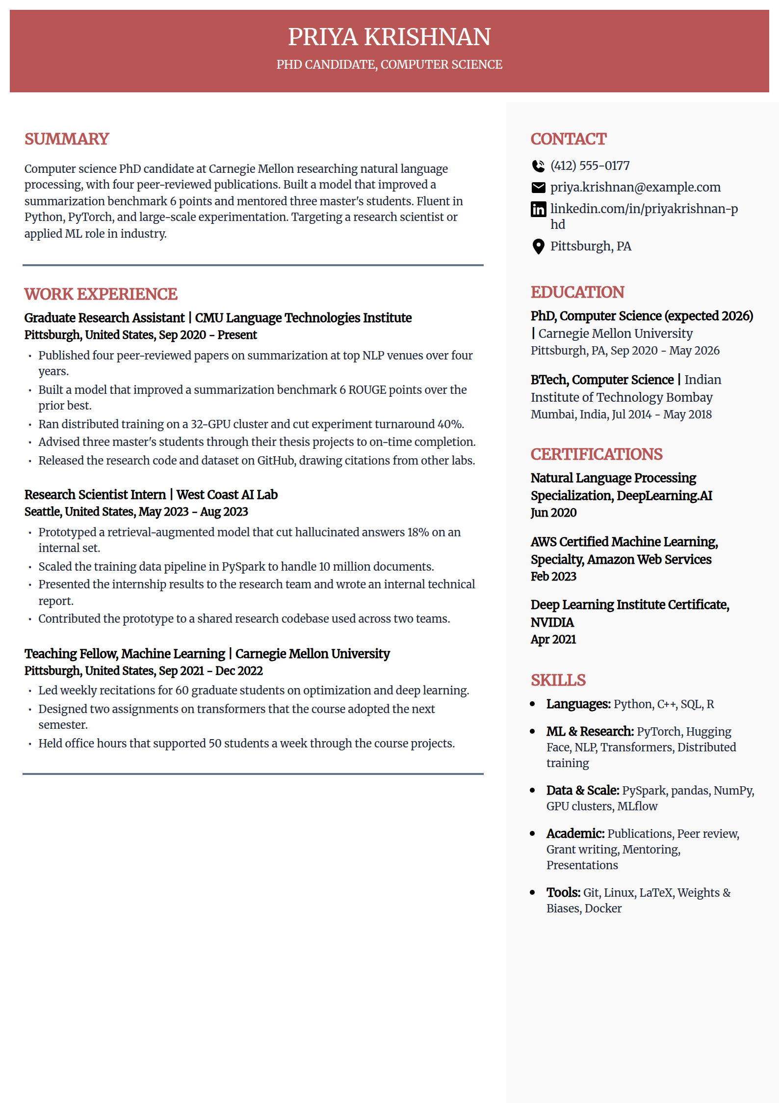 Computer science PhD candidate resume example in the Executive template