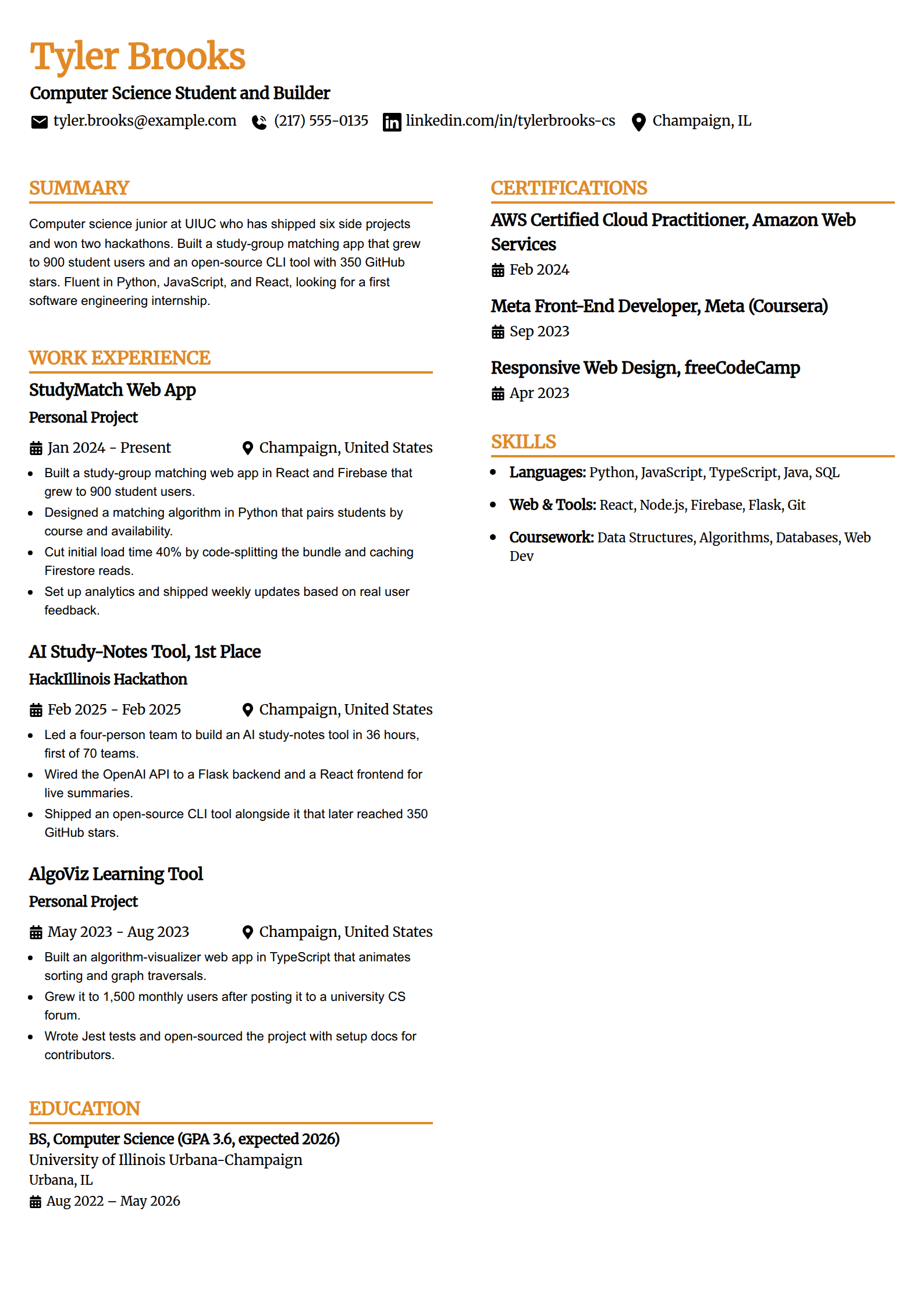 Computer science student projects resume example in the Professional Edge template