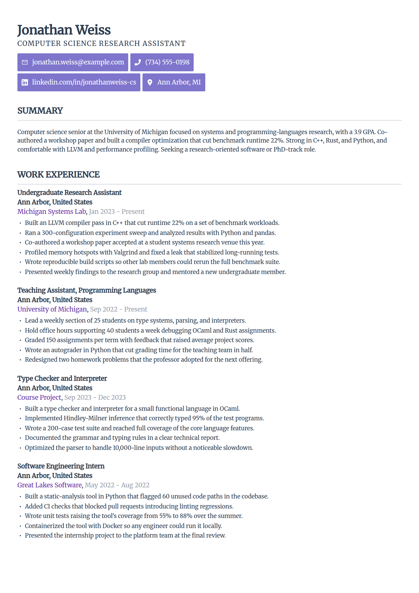 Computer science research assistant resume example in the Sleek Framework template