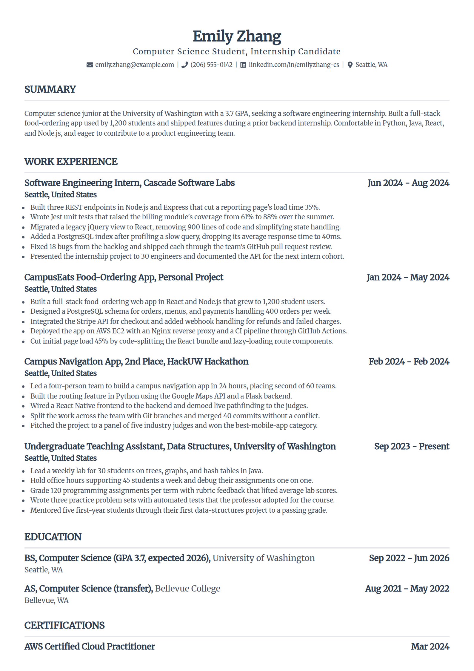 Computer science student resume example in the Standard template