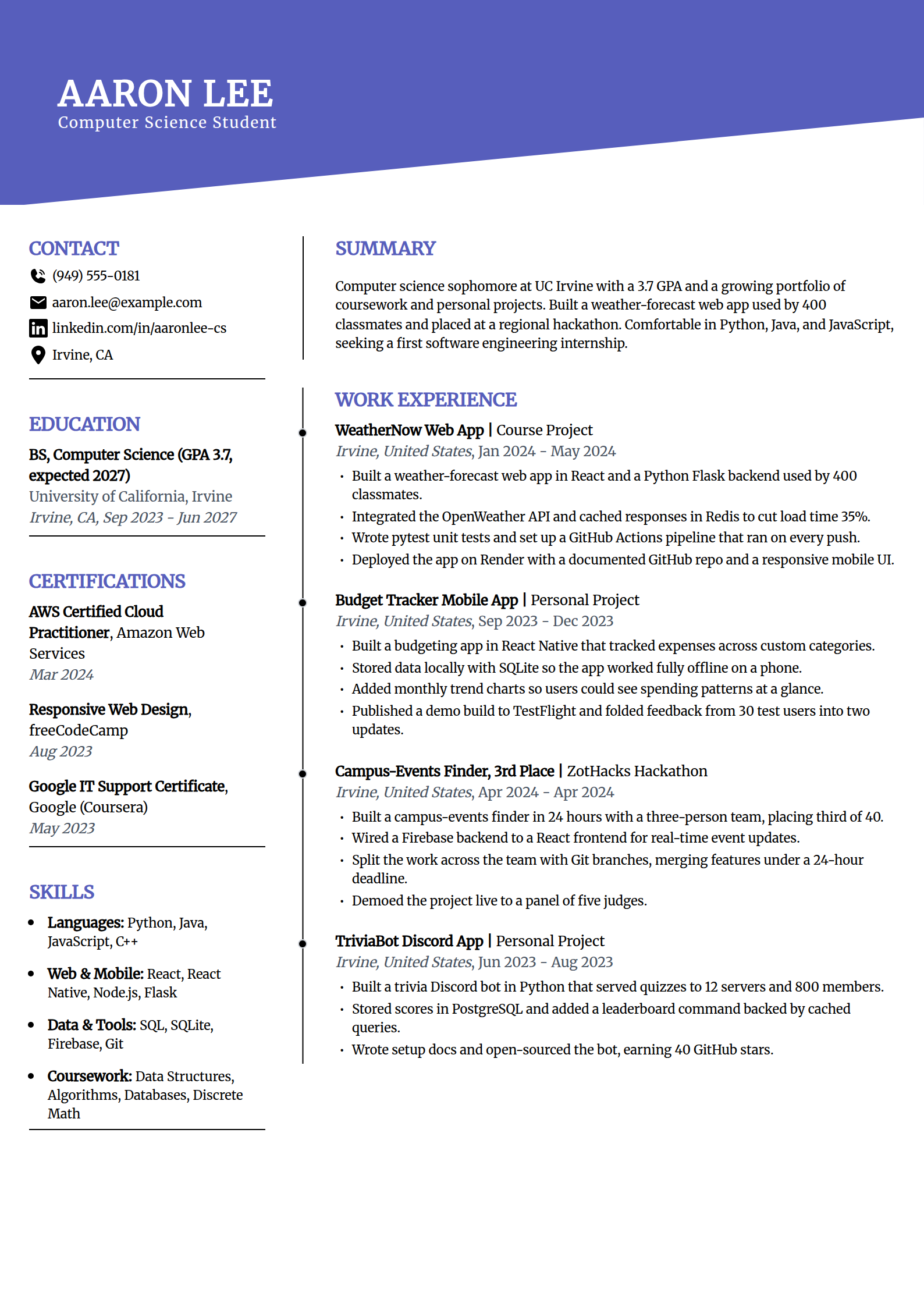 Computer science student projects-only resume example in the Orbit template