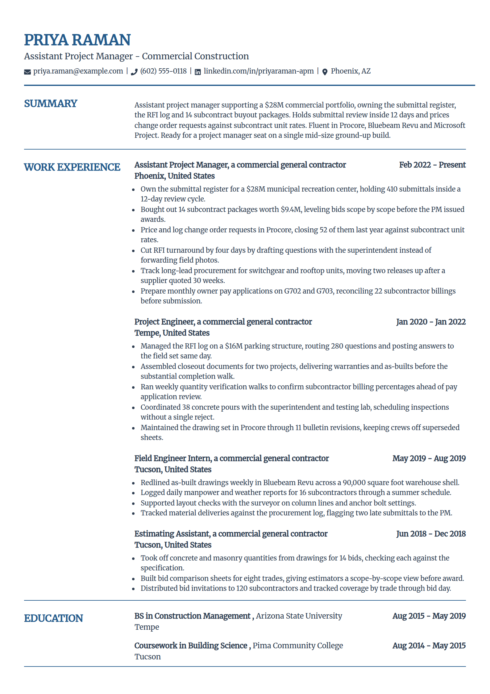 Assistant project manager construction resume example in the Craft template