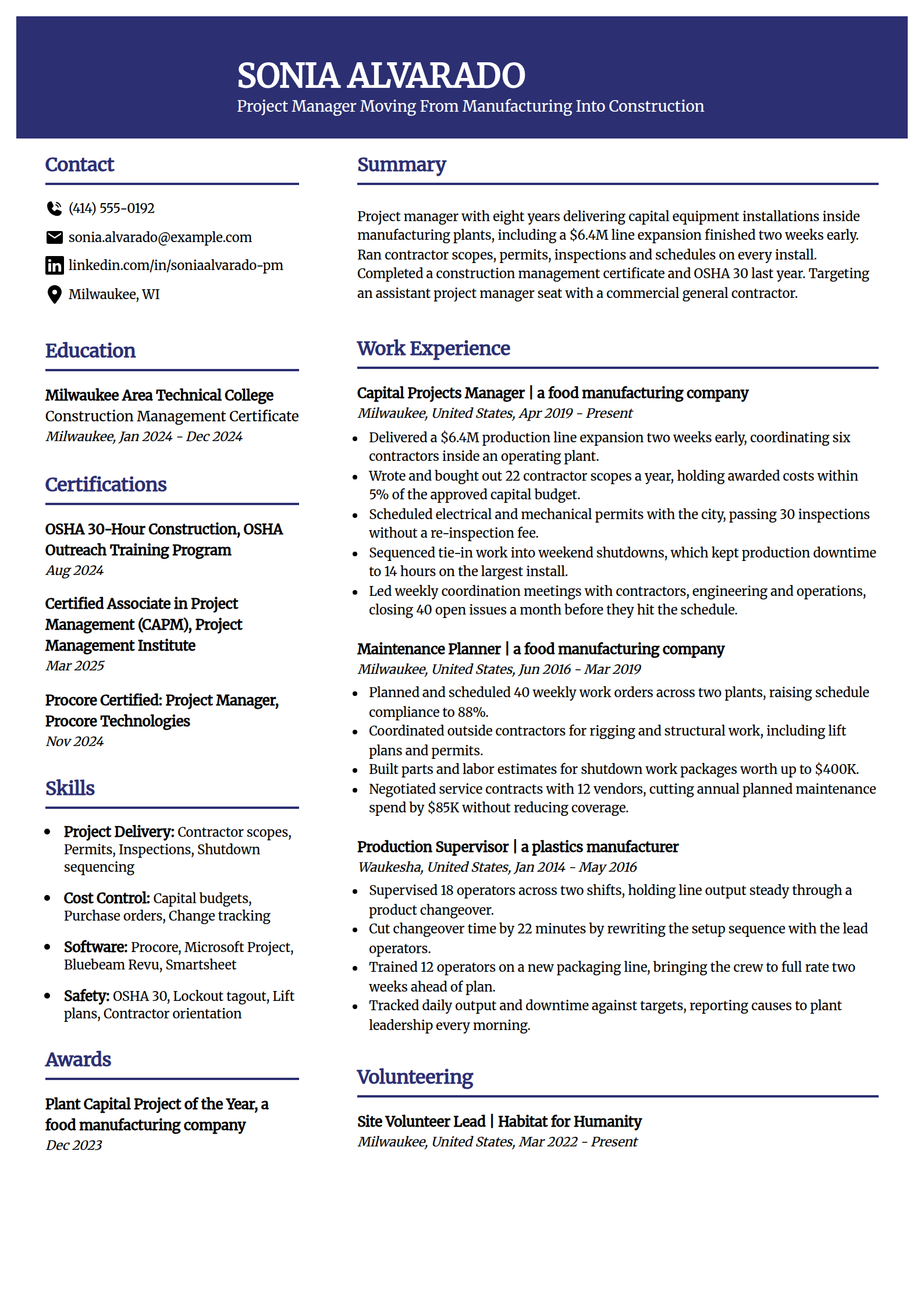 Career changer into construction project management resume example in the Visionary template