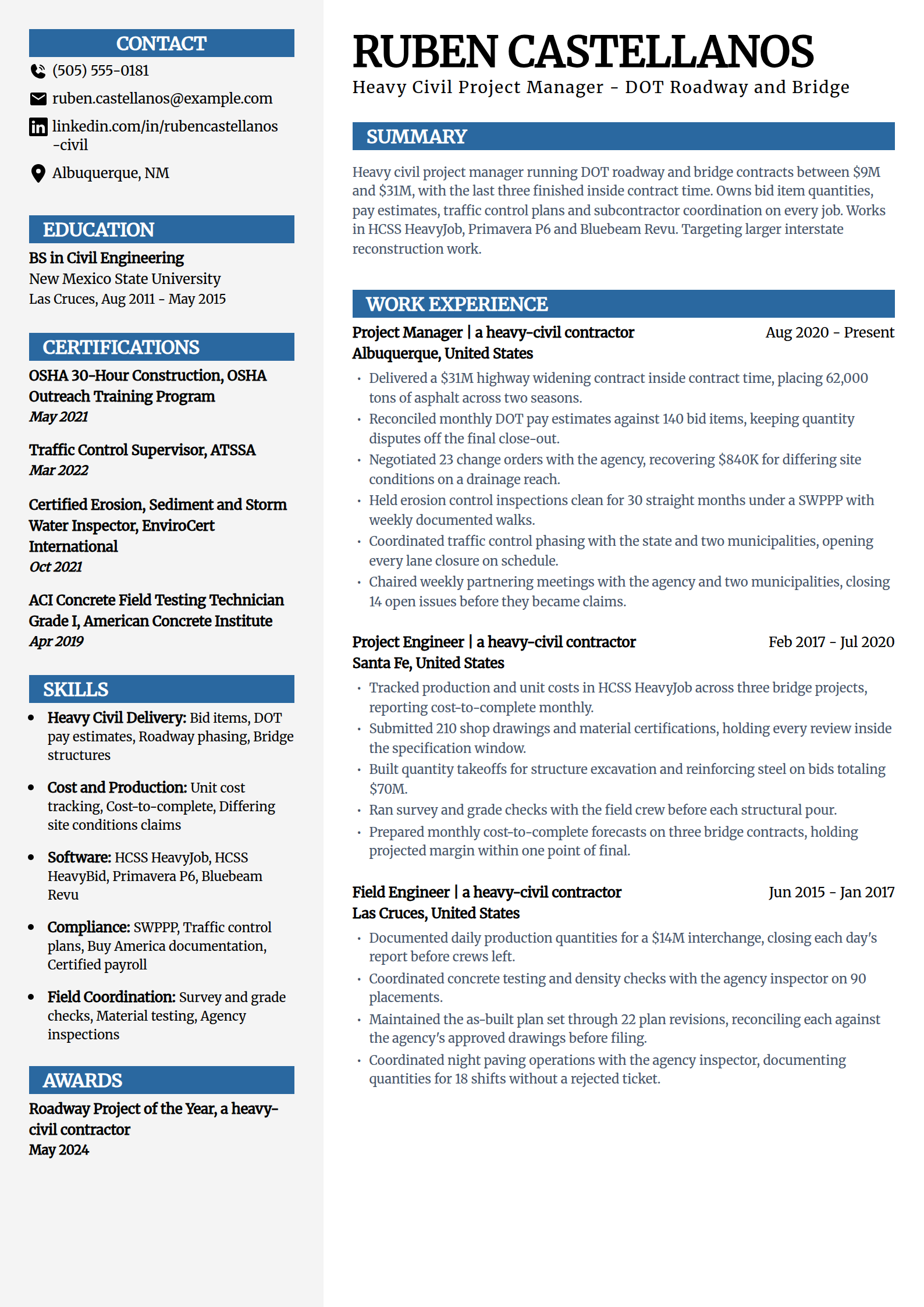 Heavy civil and infrastructure project manager resume example in the Mosaic template