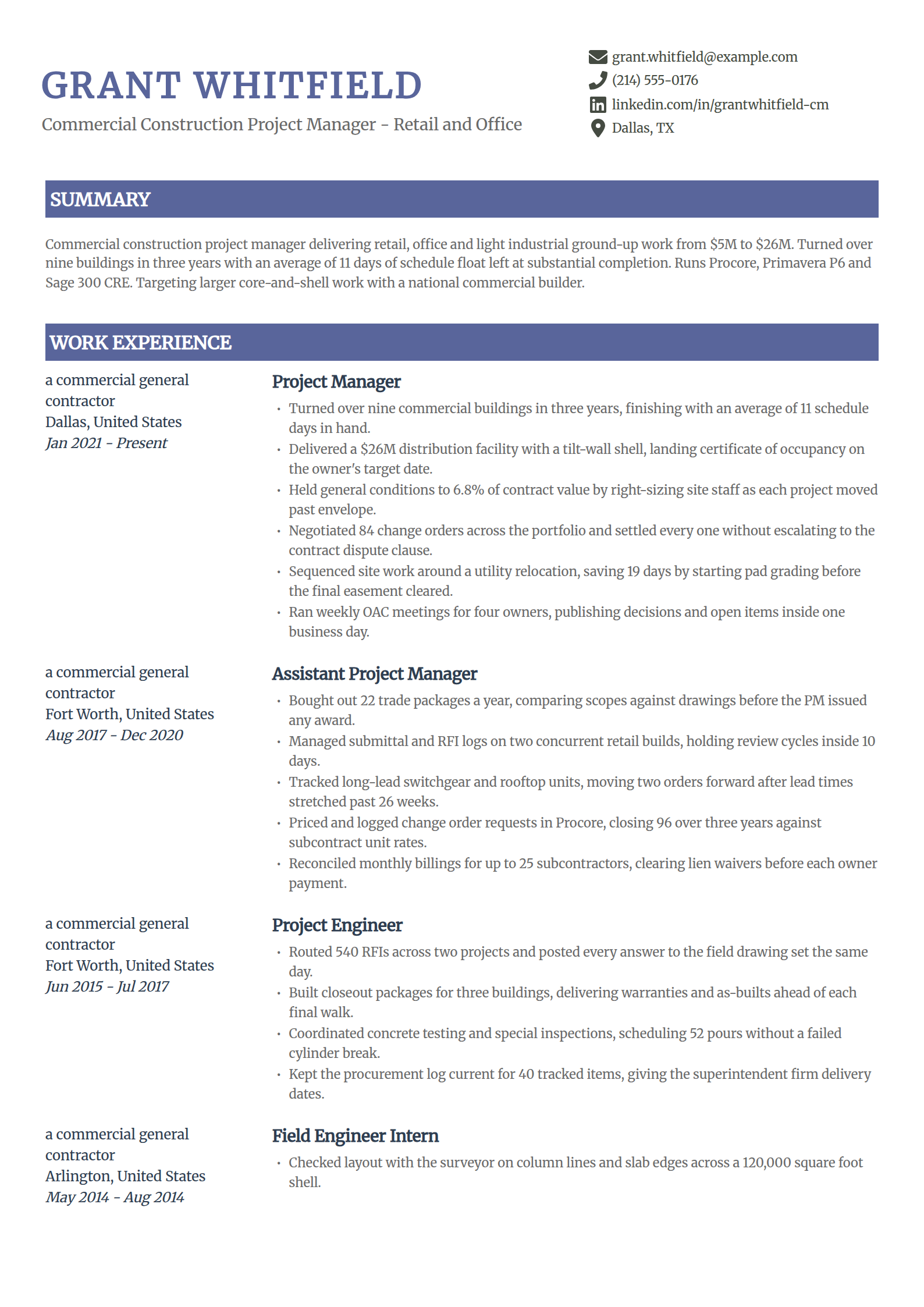 Commercial construction project manager resume example in the Catalyst template