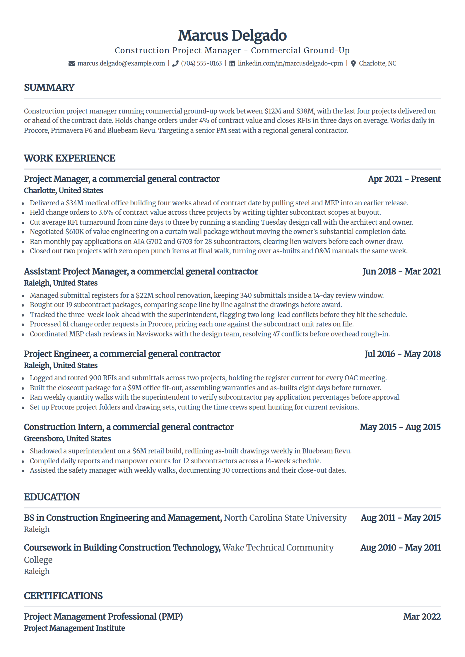 Construction project manager resume example in the Standard template