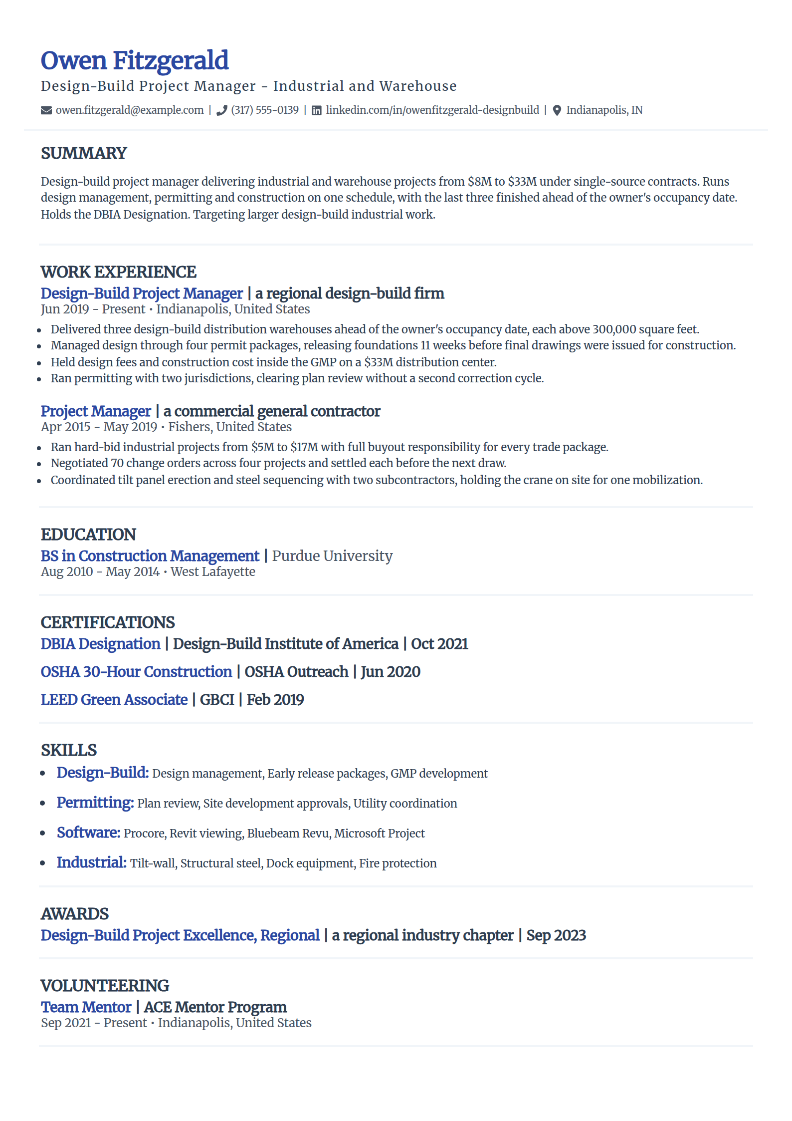 Design-build construction project manager resume example in the Elegant template