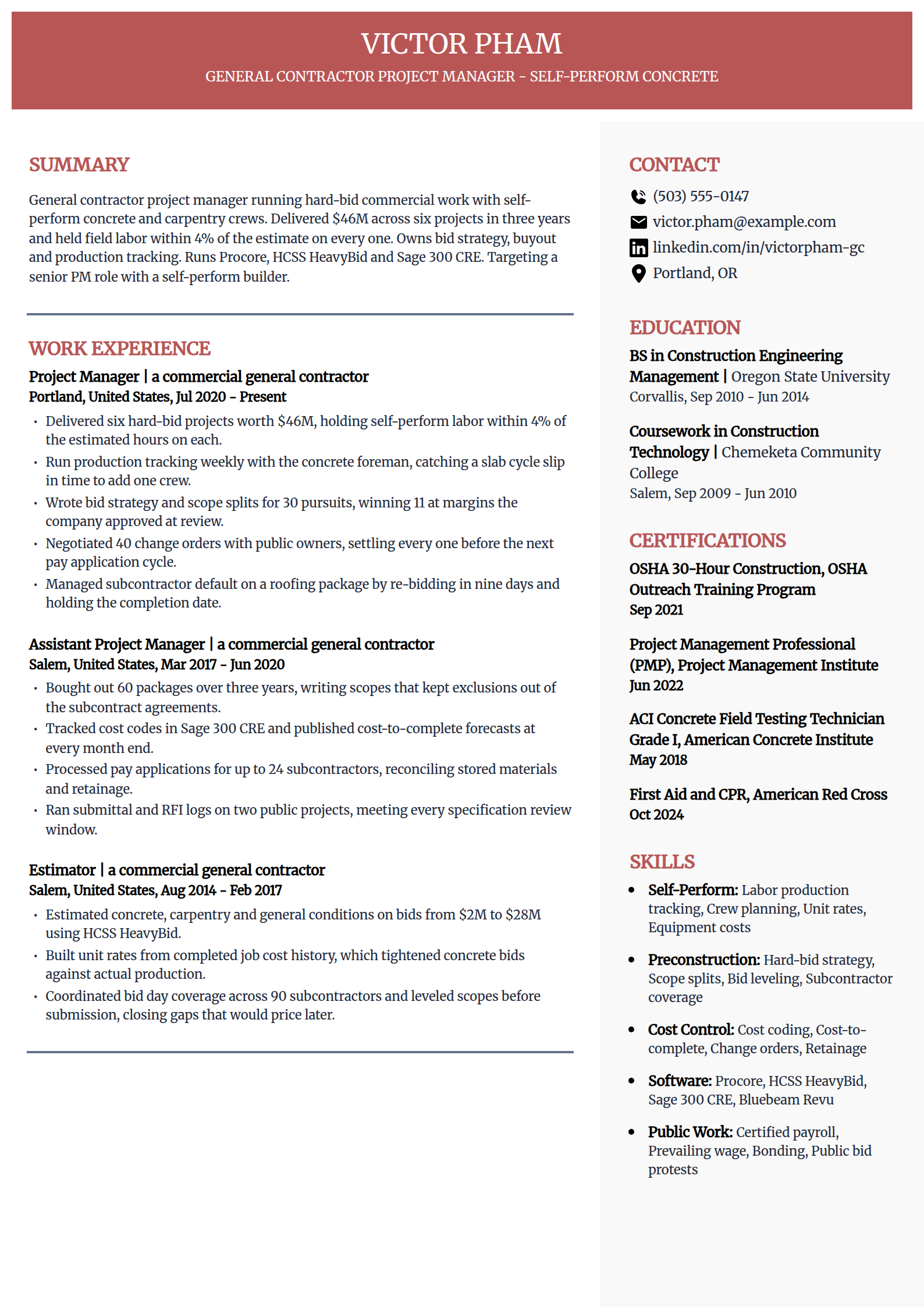 General contractor project manager resume example in the Executive template