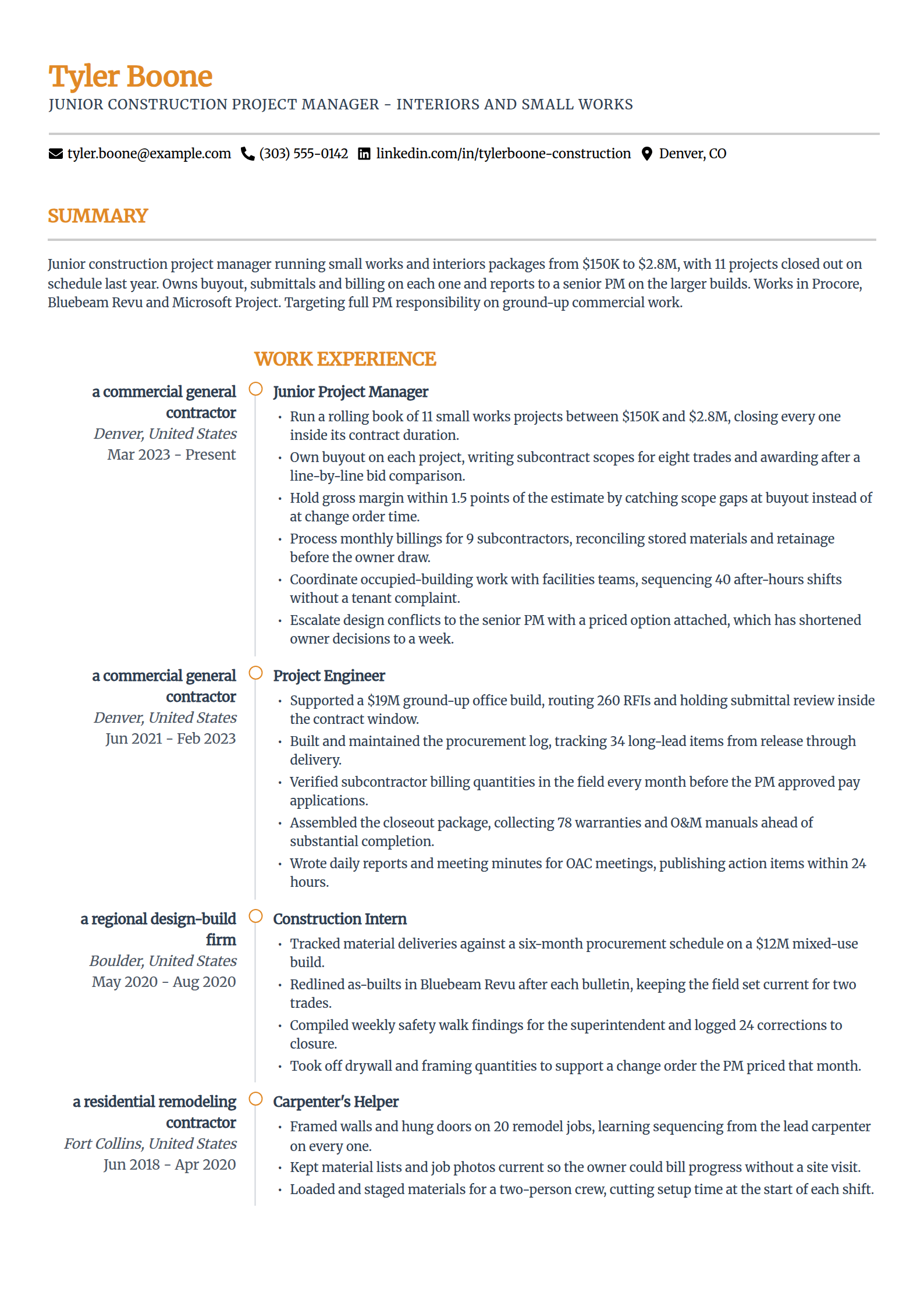 Junior construction project manager resume example in the Zenith template