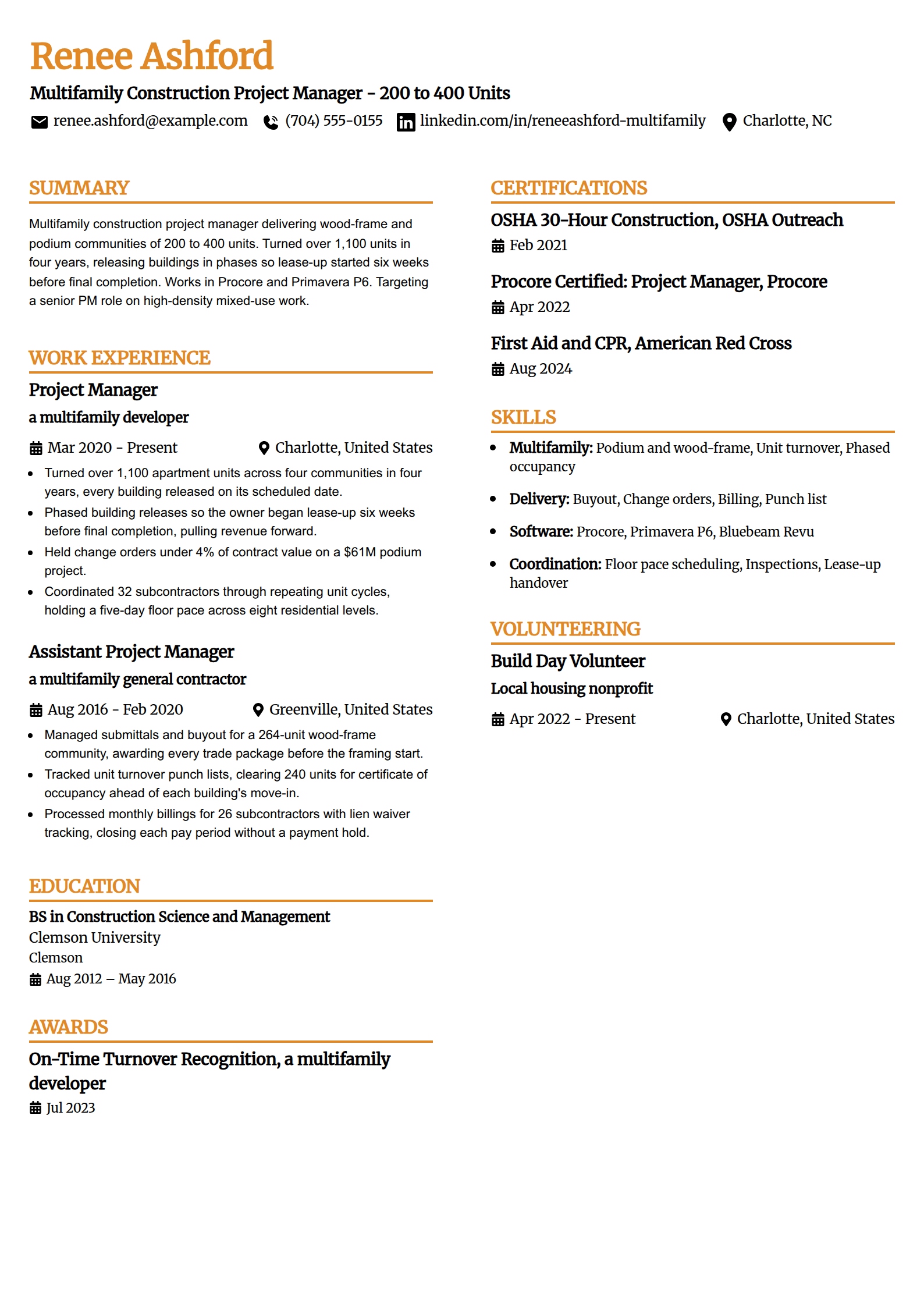Multifamily construction project manager resume example in the Professional Edge template