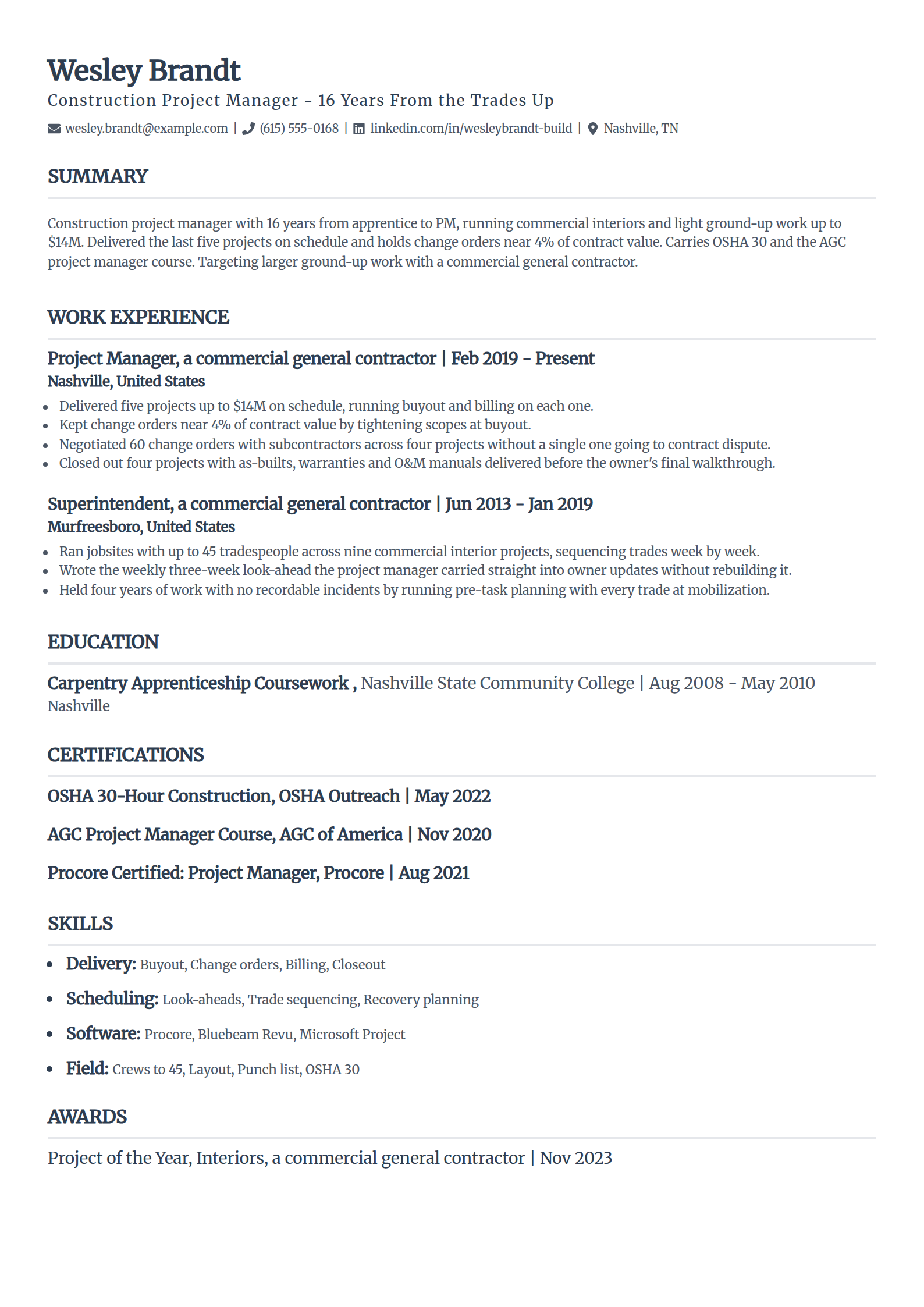 Construction project manager without a degree resume example in the Classic template