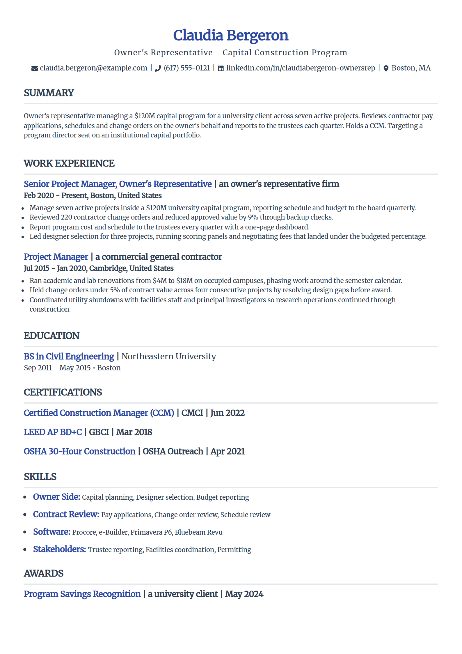 Owner's representative construction project manager resume example in the Simple template