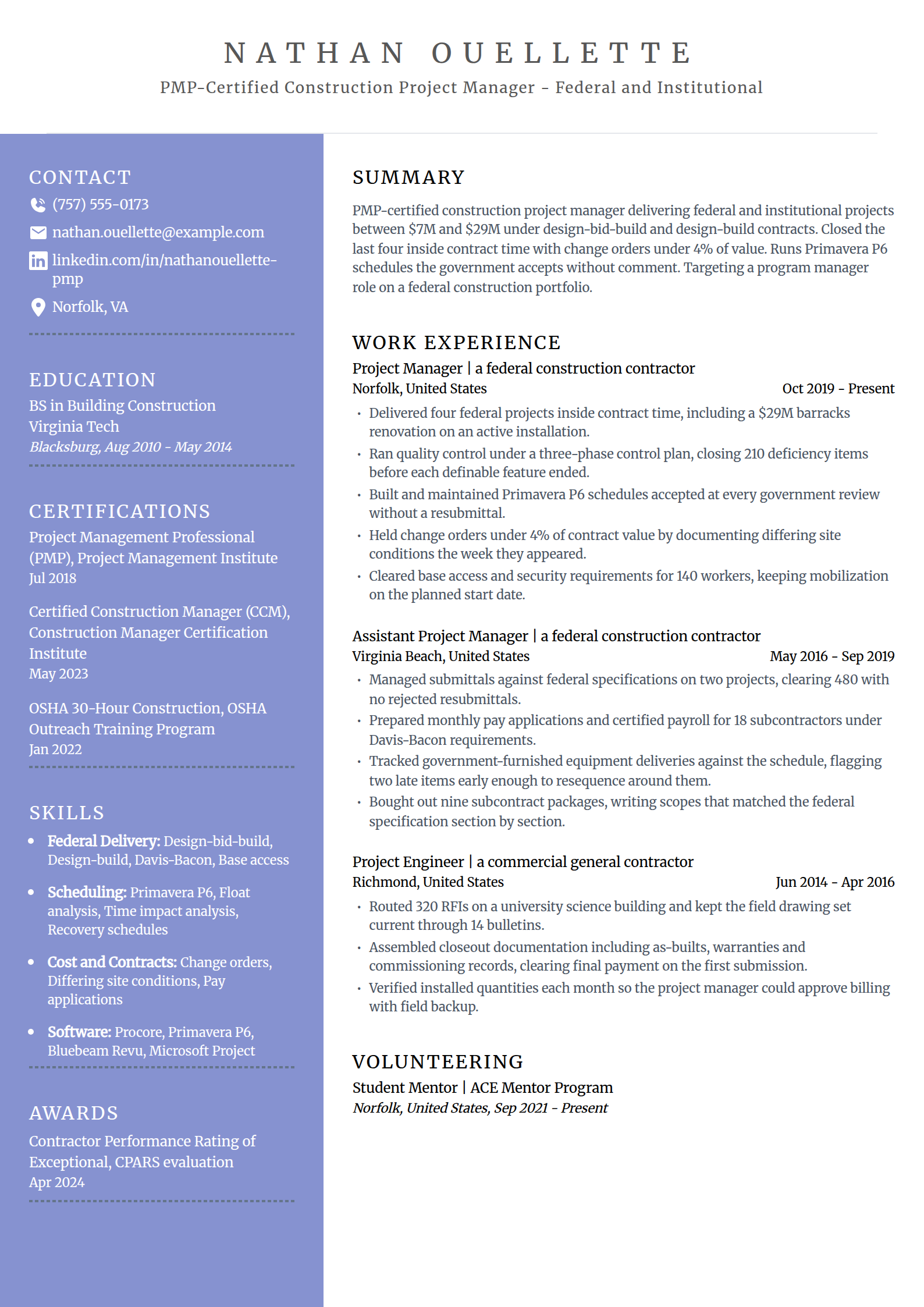 PMP-certified construction project manager resume example in the Luminary template