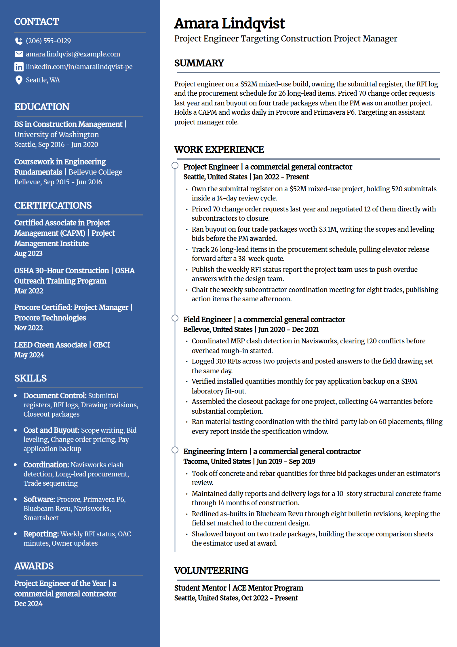 Project engineer moving into construction project management resume example in the Creative template