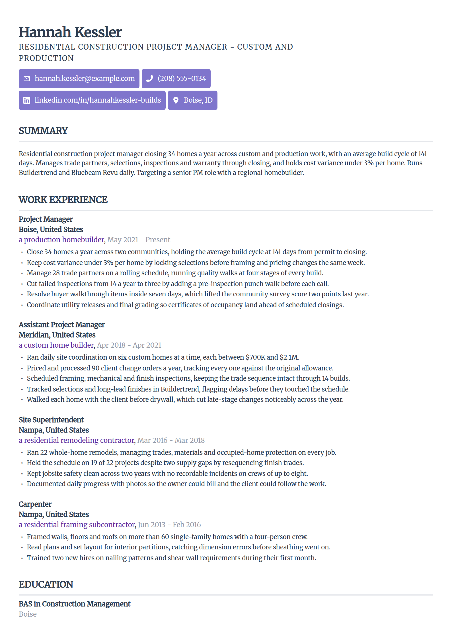 Residential construction project manager resume example in the Sleek Framework template