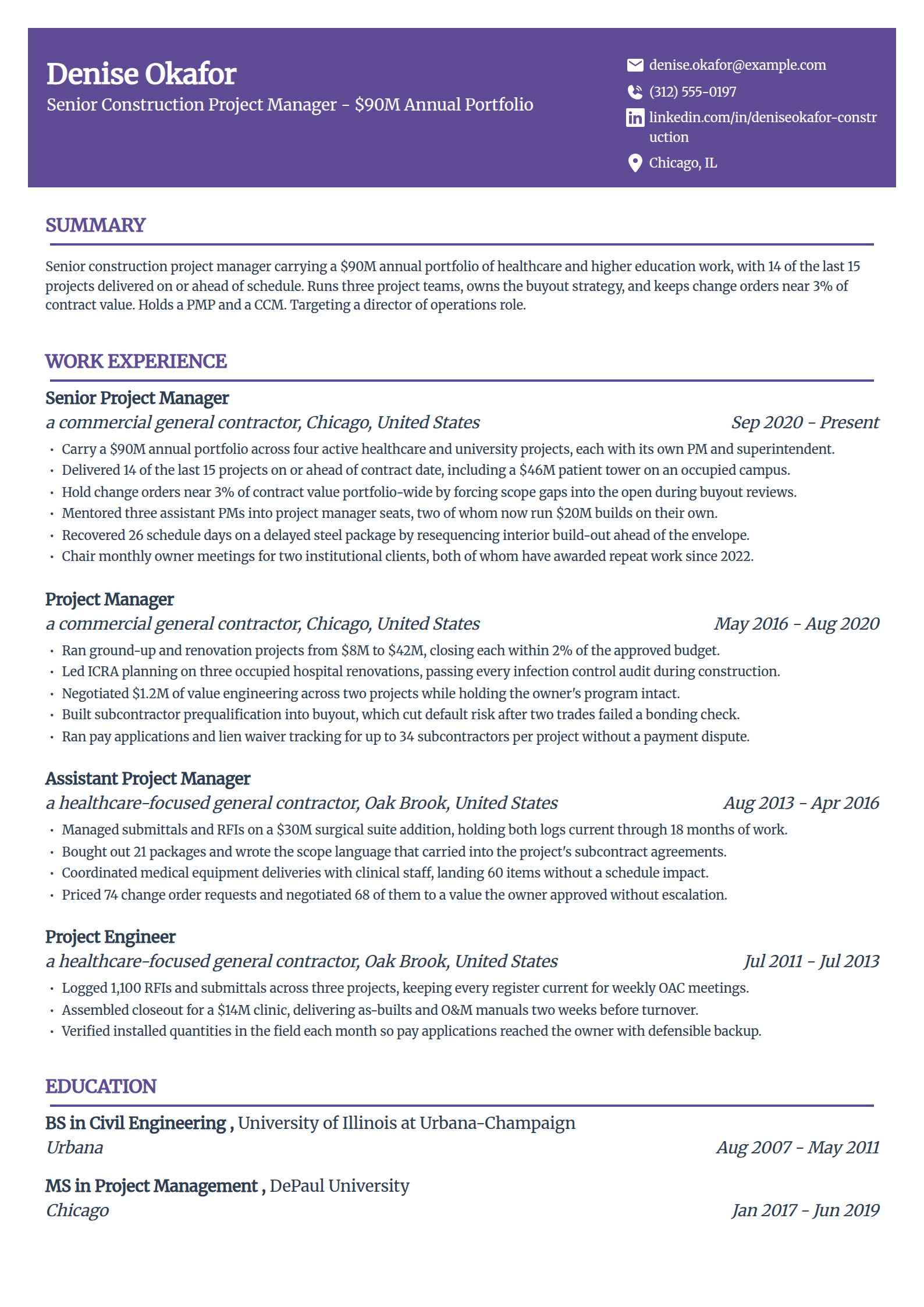 Senior construction project manager resume example in the Panorama template