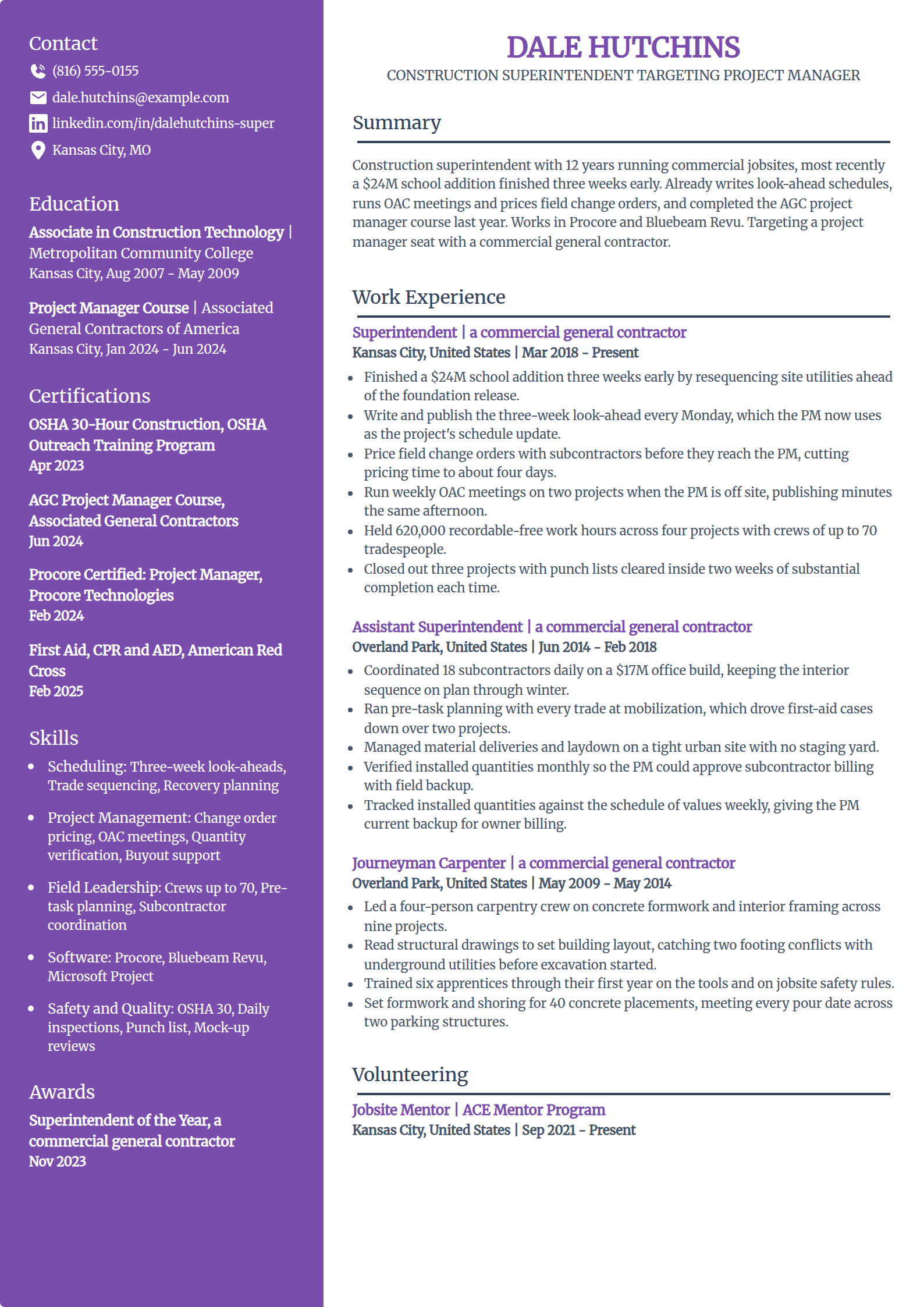 Construction superintendent moving into project management resume example in the Pioneer template