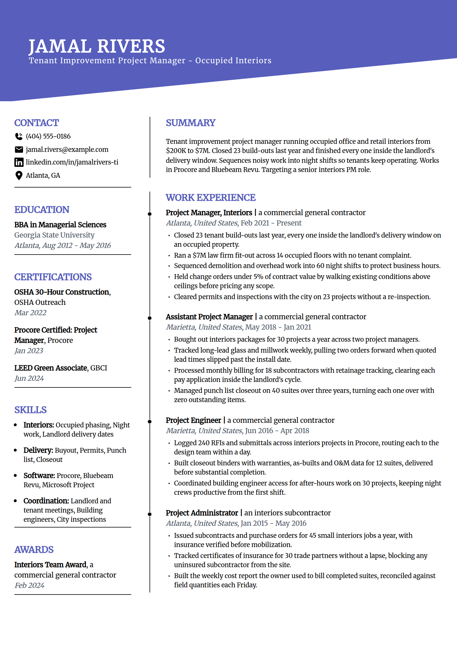 Tenant improvement and renovation project manager resume example in the Orbit template